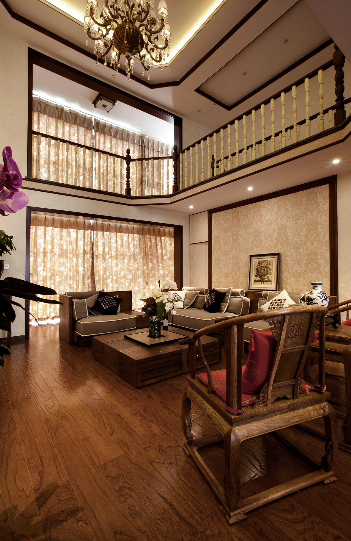 中式风格,别墅装修,140平米以上装修,20万以上装修,客厅,沙发