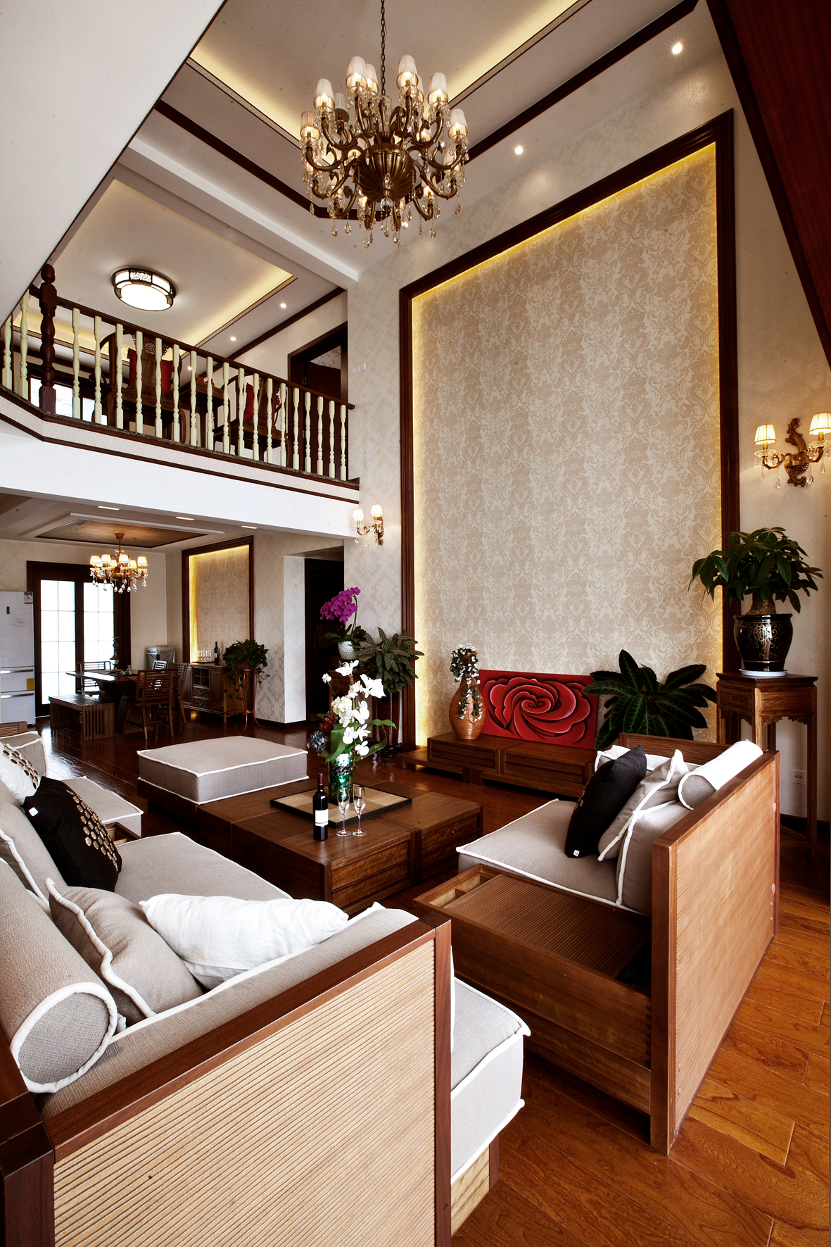 中式风格,别墅装修,140平米以上装修,20万以上装修,客厅,电视背景墙,茶几