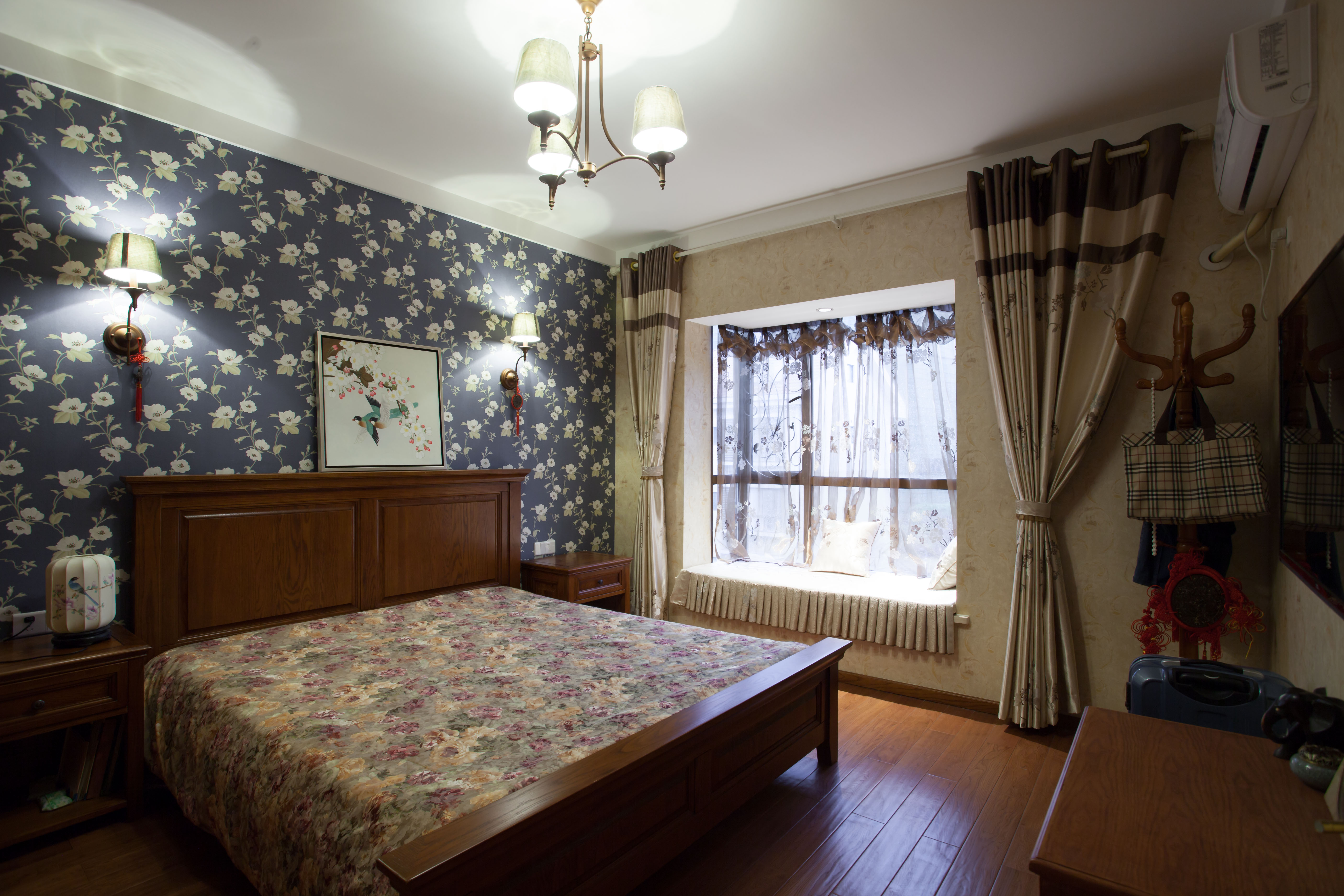 中式风格,别墅装修,140平米以上装修,20万以上装修,卧室,壁纸,窗帘