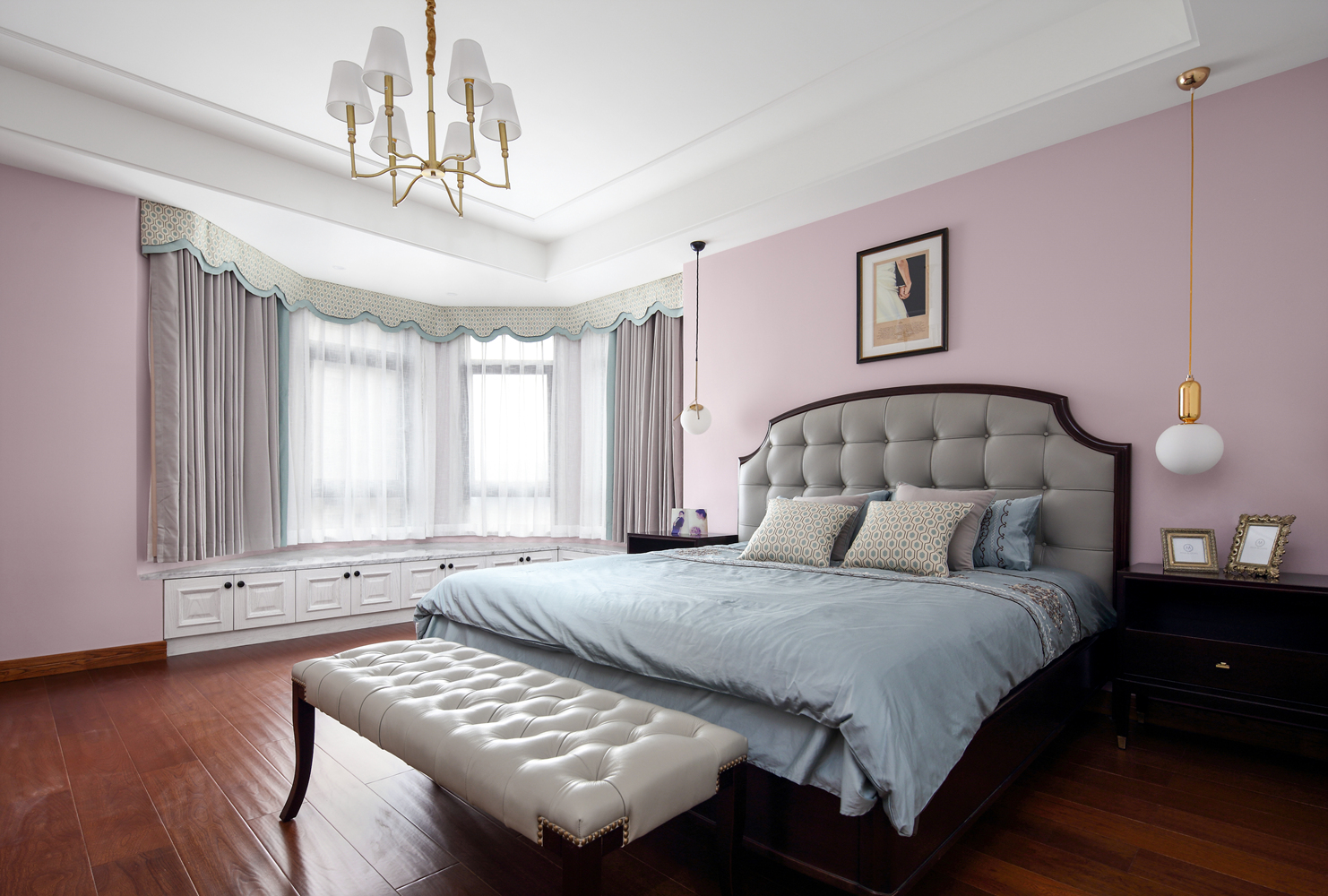 美式风格,四房装修,140平米以上装修,20万以上装修,卧室,卧室背景墙,粉色