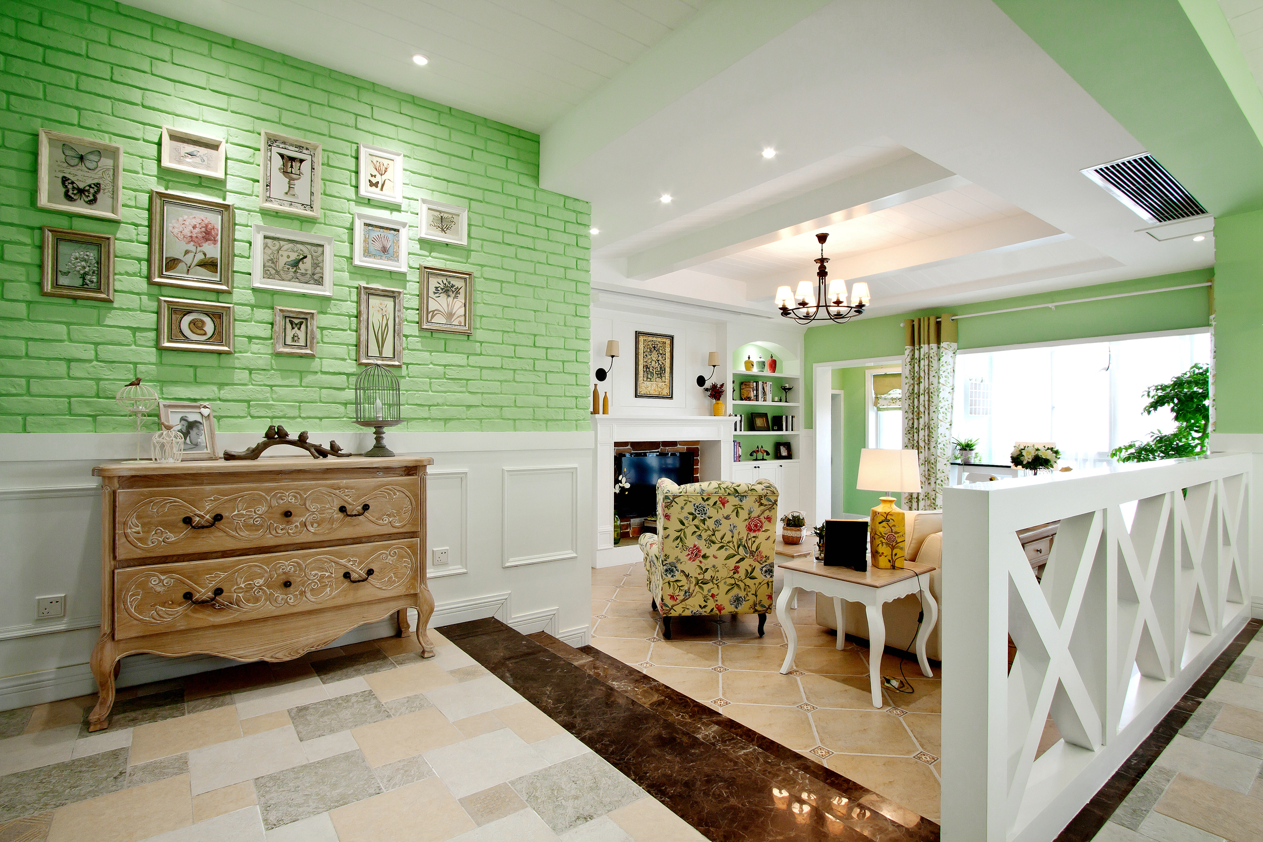 美式风格,三居室装修,20万以上装修,140平米以上装修,大户型,客厅,照片墙,绿色