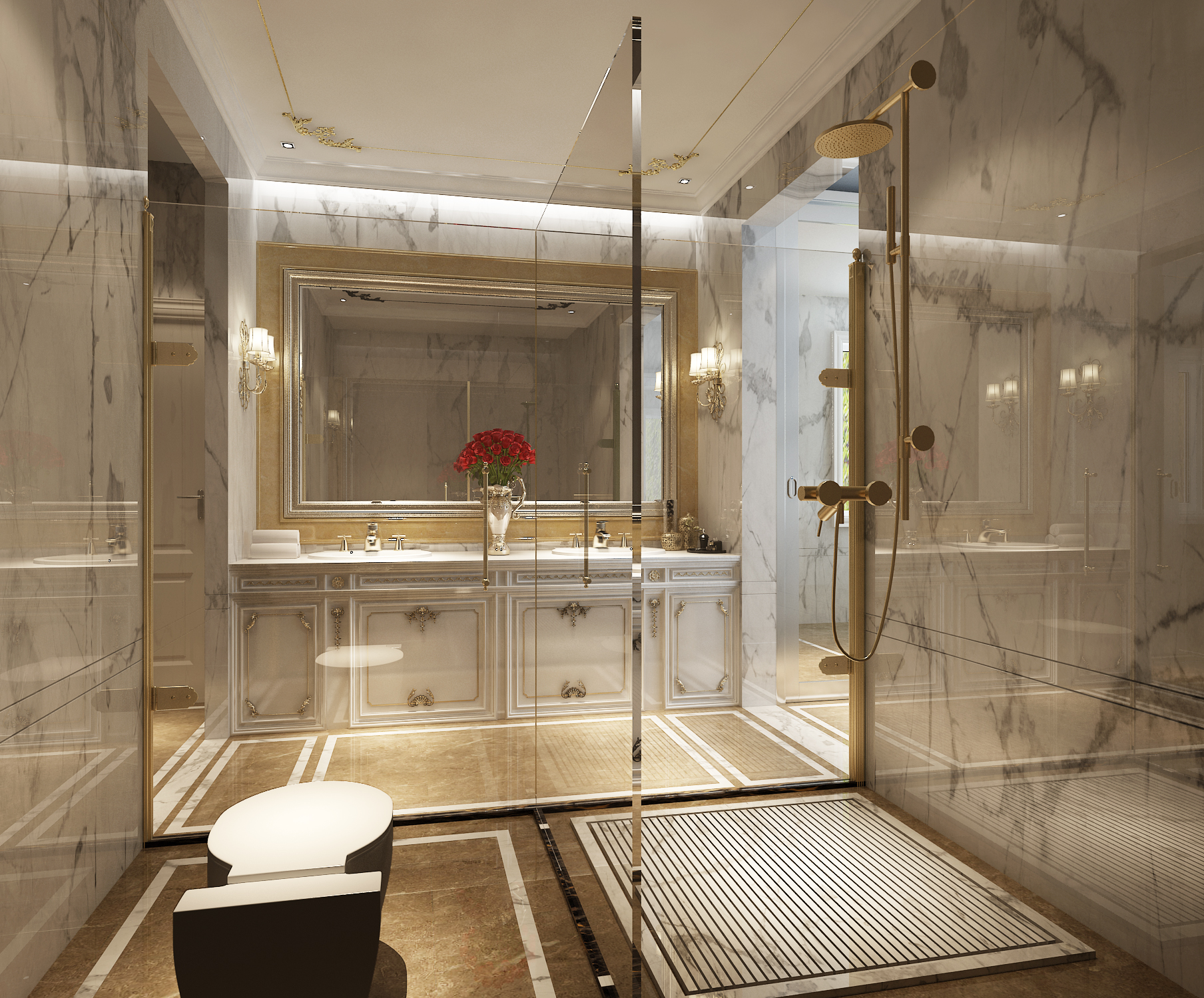 别墅装修,140平米以上装修,20万以上装修,卫生间,浴室柜,法式风格,淋浴房,金色