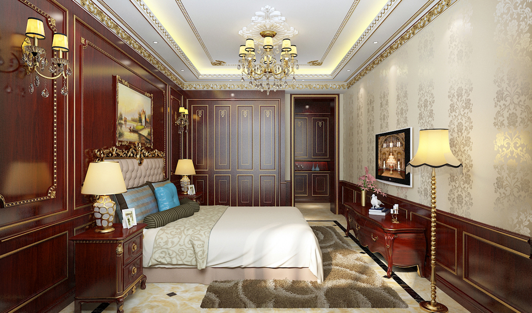 别墅装修,140平米以上装修,豪华型装修,卧室,法式风格,电视背景墙,褐色