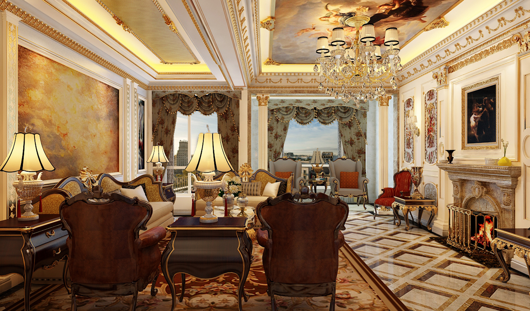 别墅装修,140平米以上装修,豪华型装修,客厅,法式风格,沙发,吊顶,金色