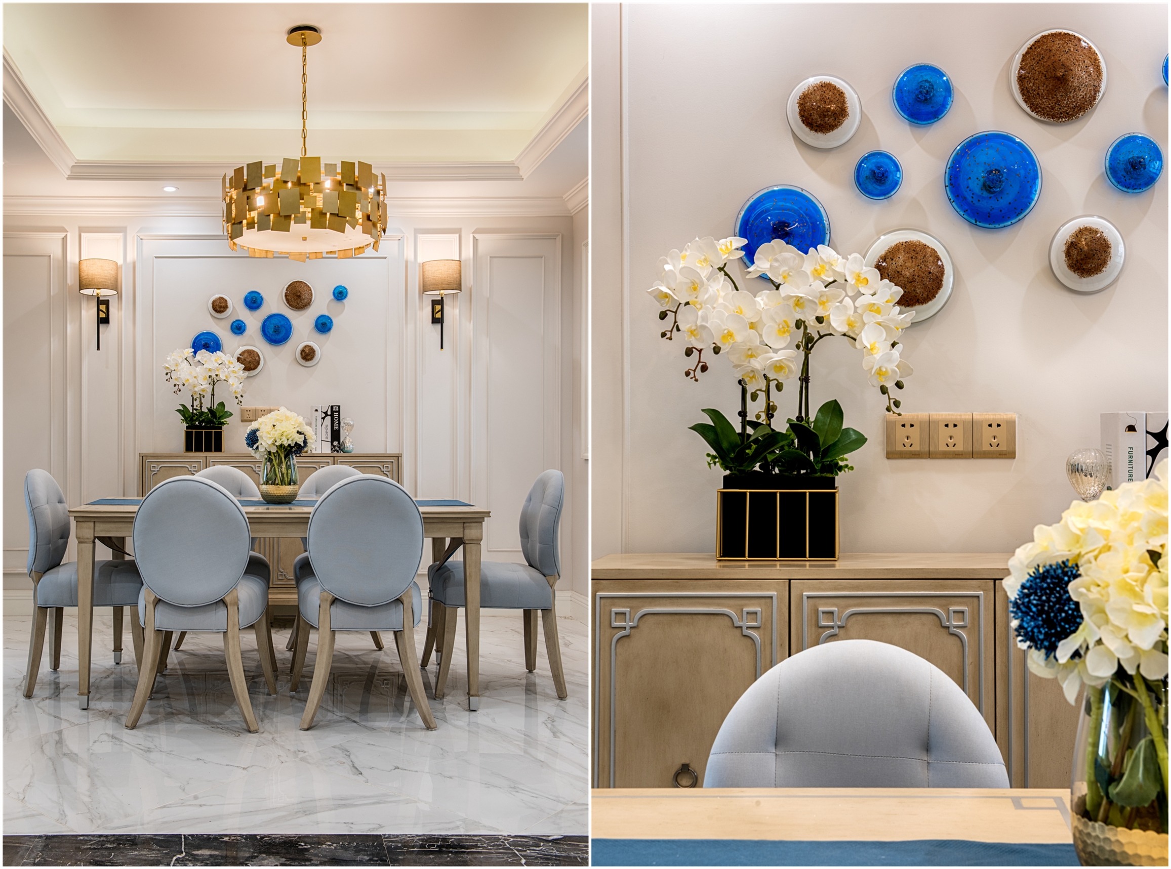 美式风格,三居室装修,130平米装修,20万以上装修,餐厅,餐厅背景墙,蓝色
