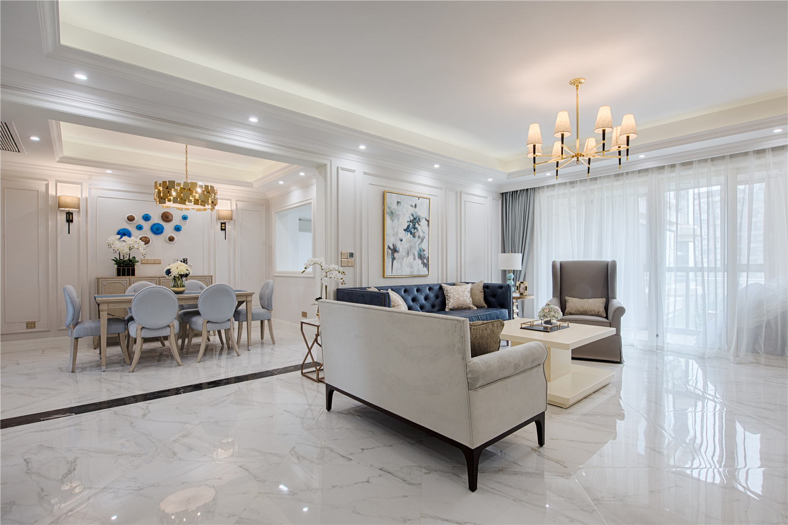 美式风格,三居室装修,130平米装修,20万以上装修,客厅,瓷砖,白色