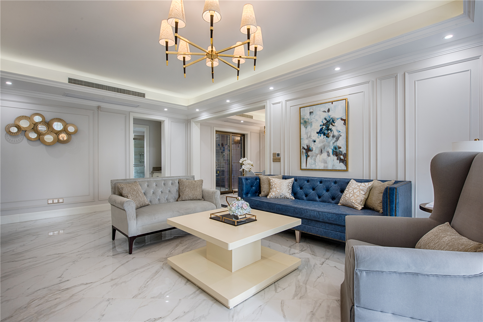 美式风格,三居室装修,130平米装修,20万以上装修,客厅,沙发,白色