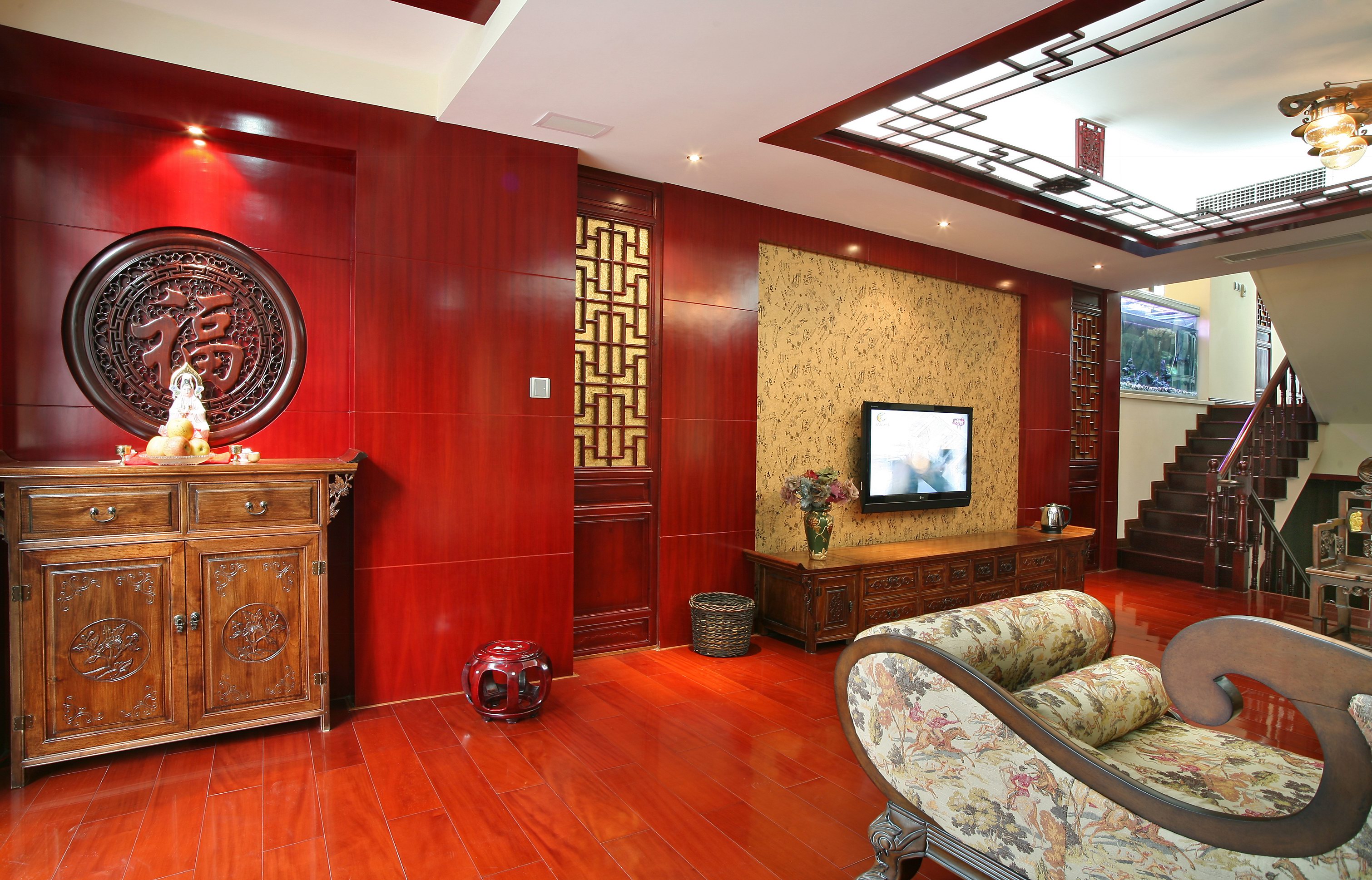 中式风格,20万以上装修,复式装修,140平米以上装修,客厅,背景墙,红色