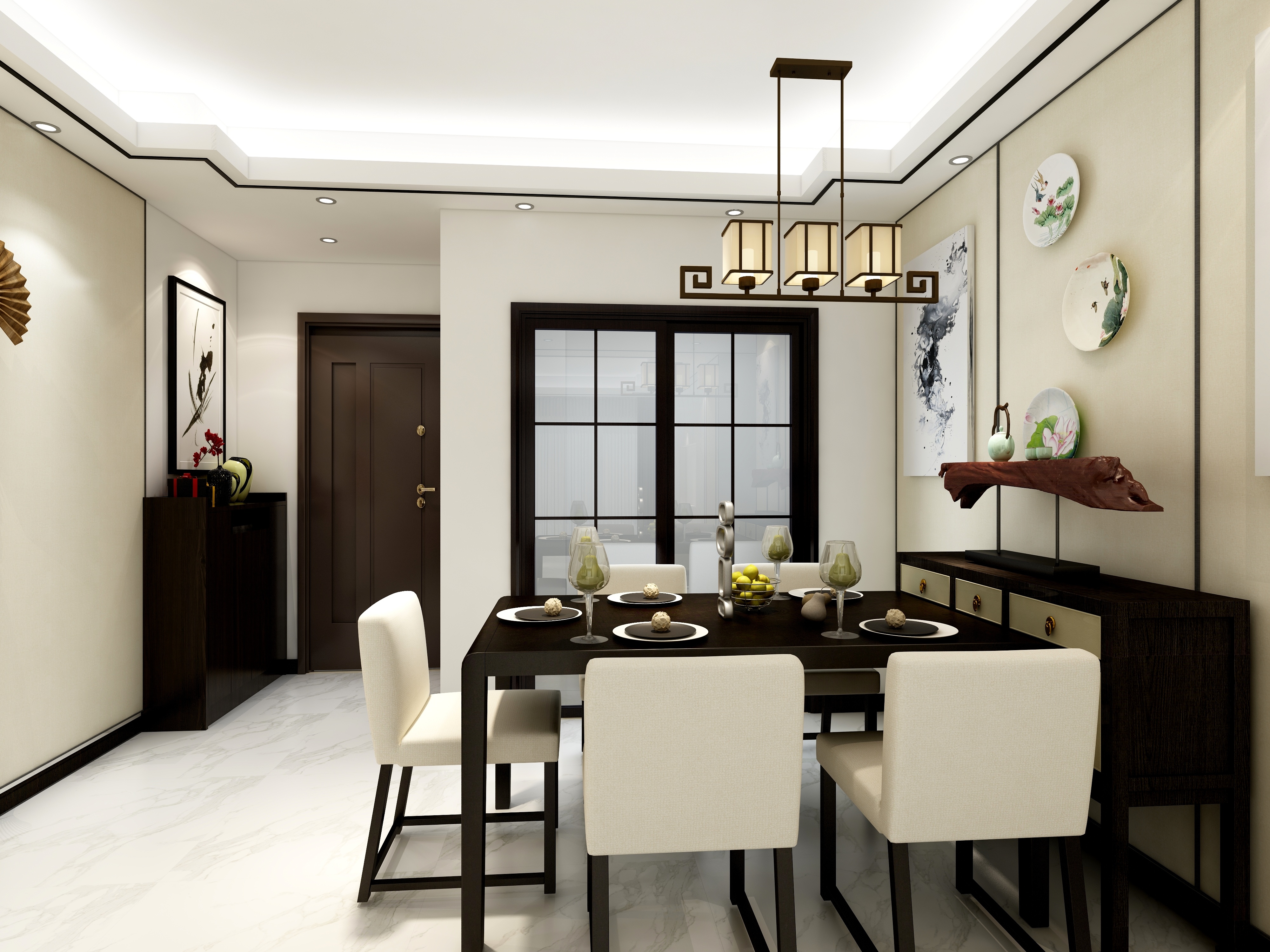 中式风格,20万以上装修,三居室装修,110平米装修,餐厅,餐桌,吊顶,黑白