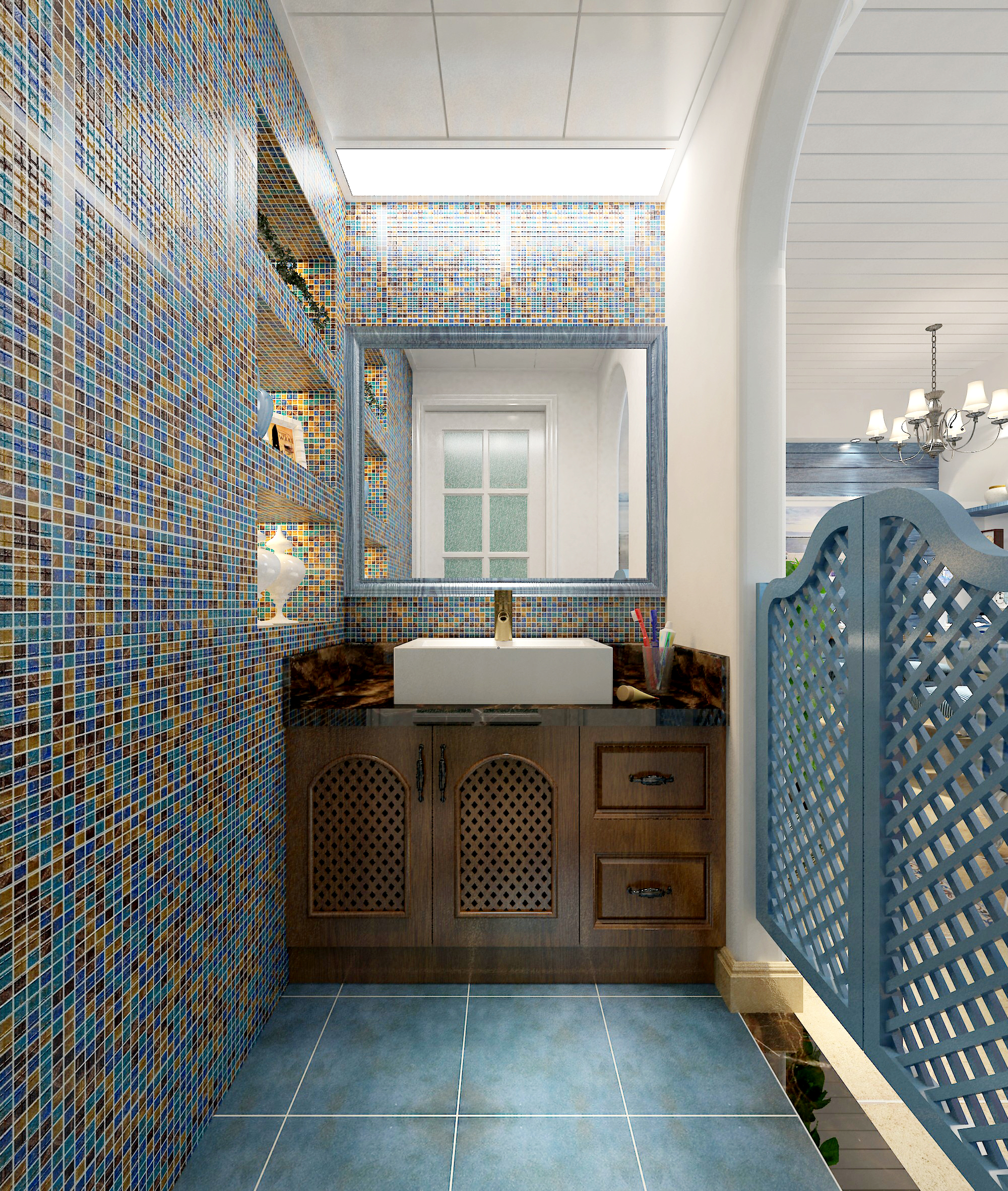 地中海风格,三居室装修,20万以上装修,130平米装修,卫生间,洗手台,蓝色,瓷砖