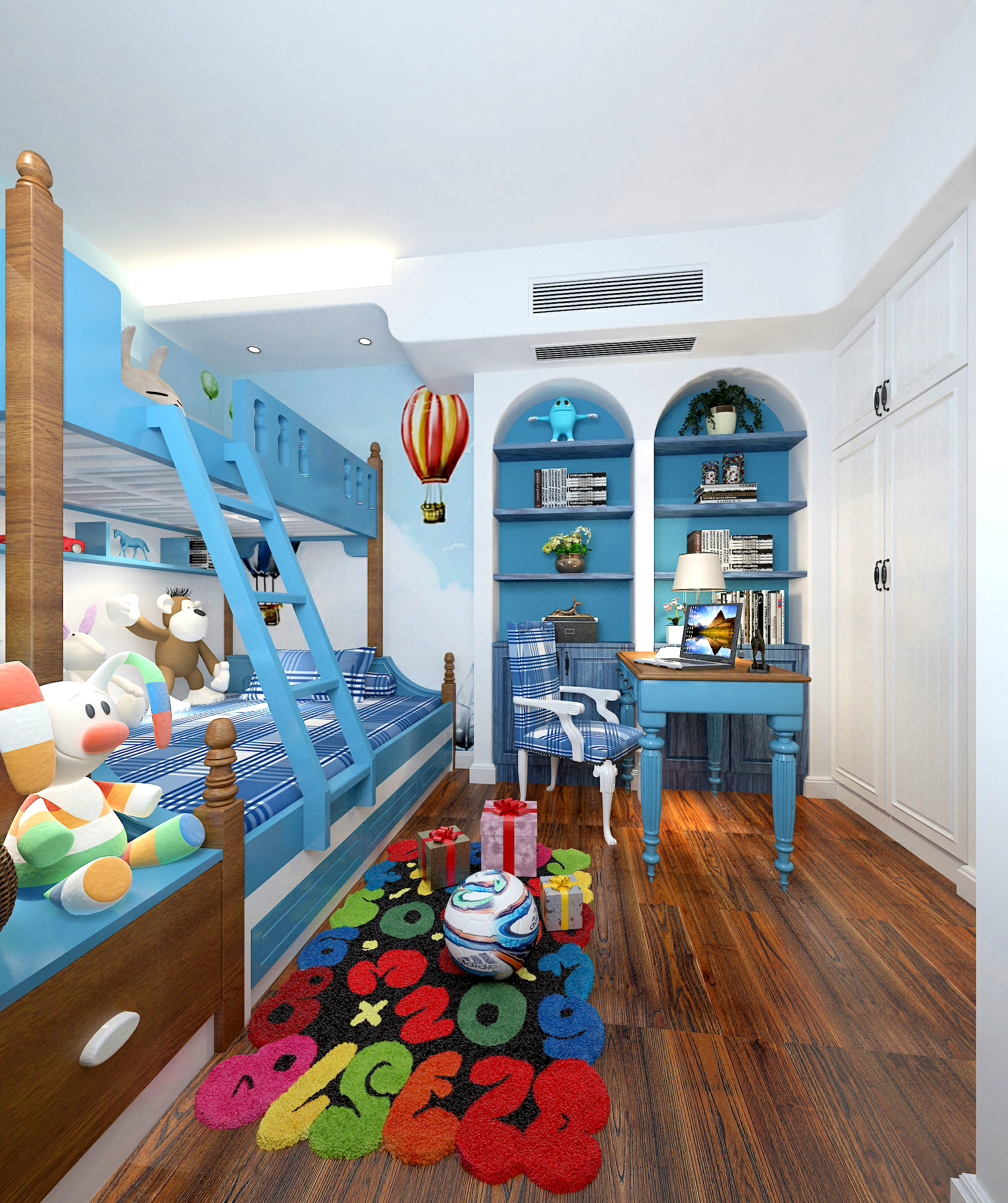 地中海风格,三居室装修,20万以上装修,130平米装修,儿童房,书架,蓝色,儿童床