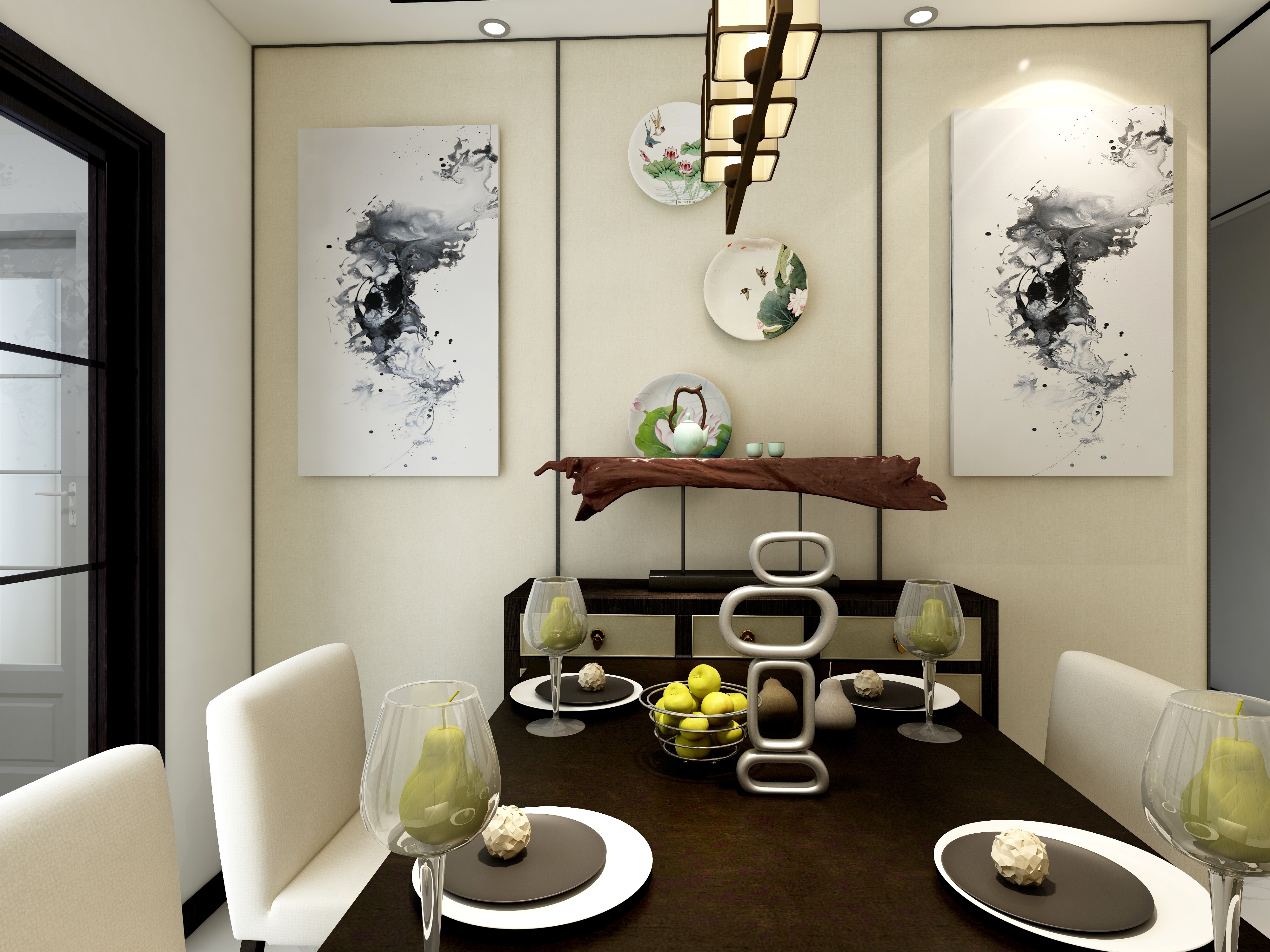 中式风格,20万以上装修,三居室装修,110平米装修,餐厅,餐厅背景墙,米色