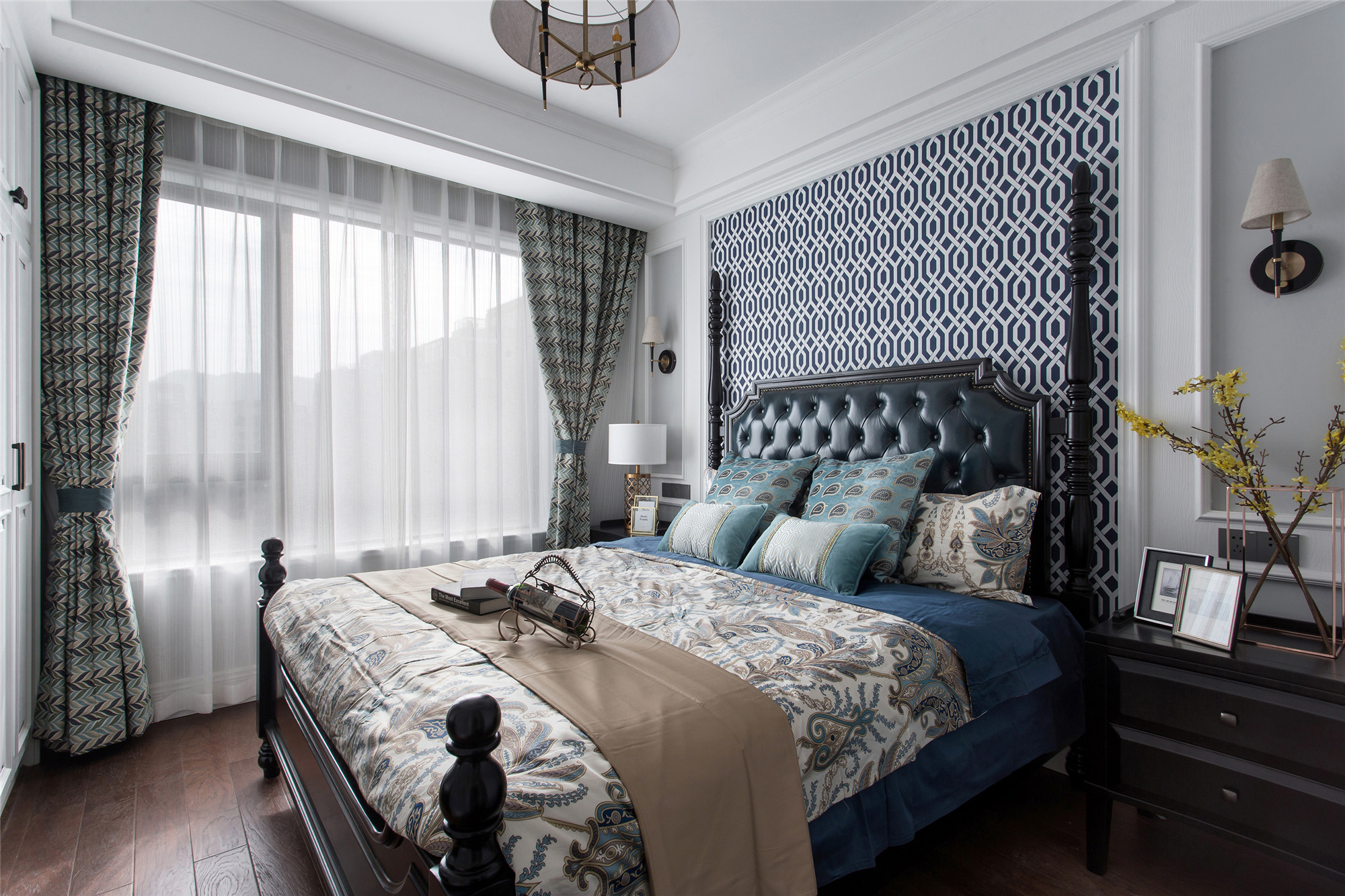 美式风格,110平米装修,20万以上装修,三居室装修,卧室,卧室背景墙,蓝色