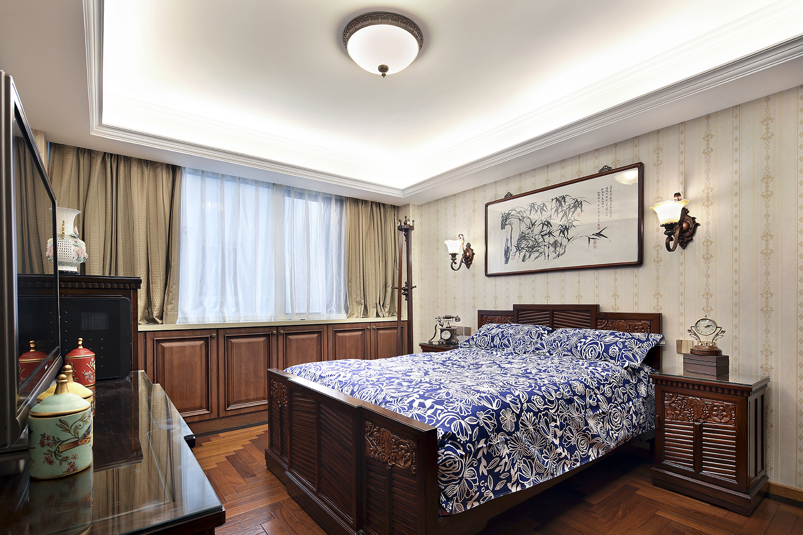 中式风格,60平米装修,一居室装修,15-20万装修,卧室,床上用品,褐色,床头柜