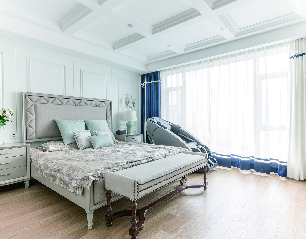 美式风格,三居室装修,140平米以上装修,20万以上装修,大户型,卧室,白色,窗帘