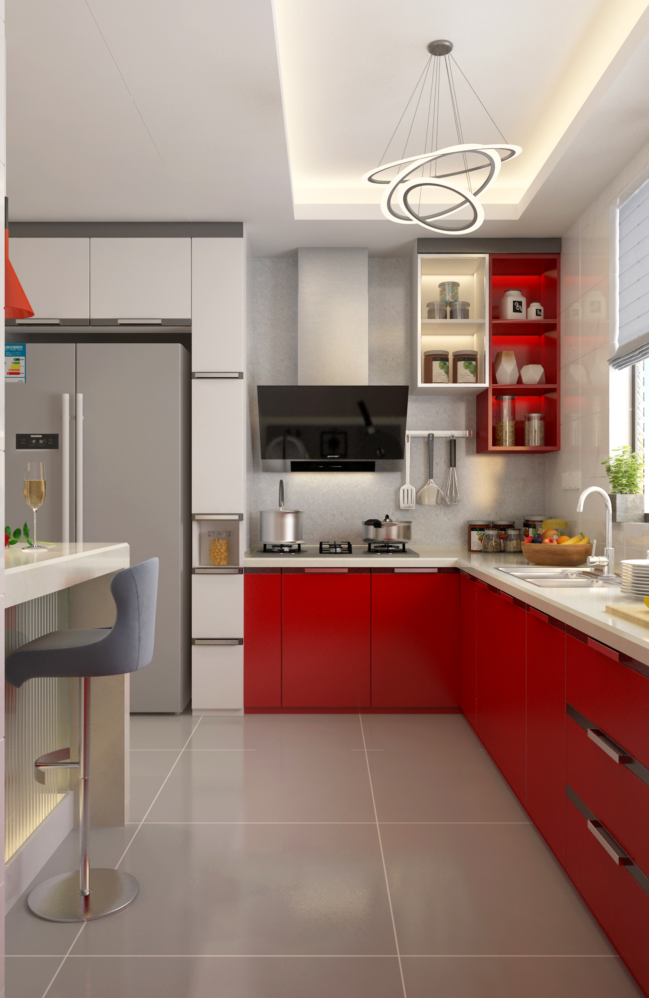 四房装修,20万以上装修,130平米装修,厨房,橱柜,现代简约风格,红色