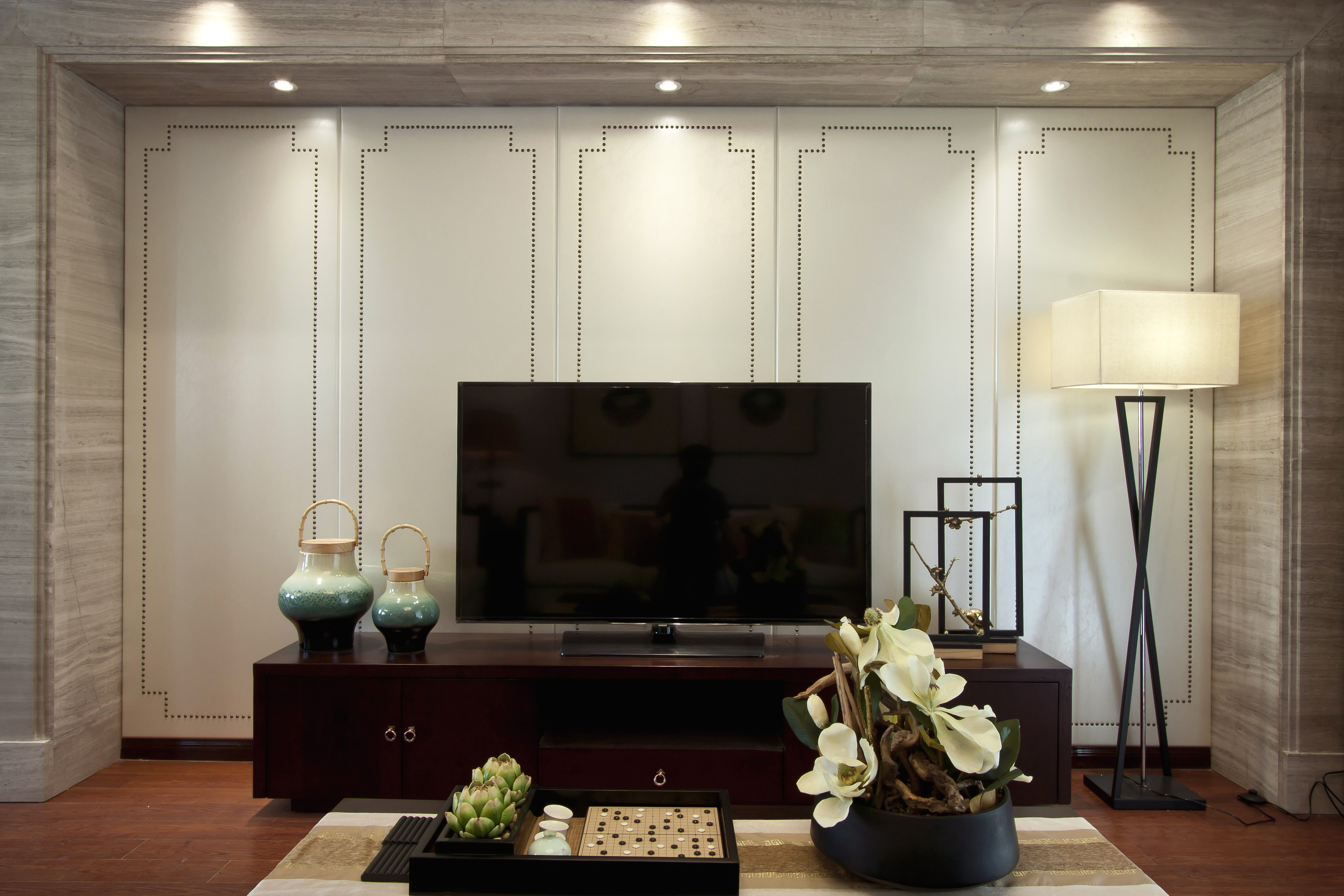 中式风格,三居室装修,110平米装修,20万以上装修,客厅,电视柜,褐色