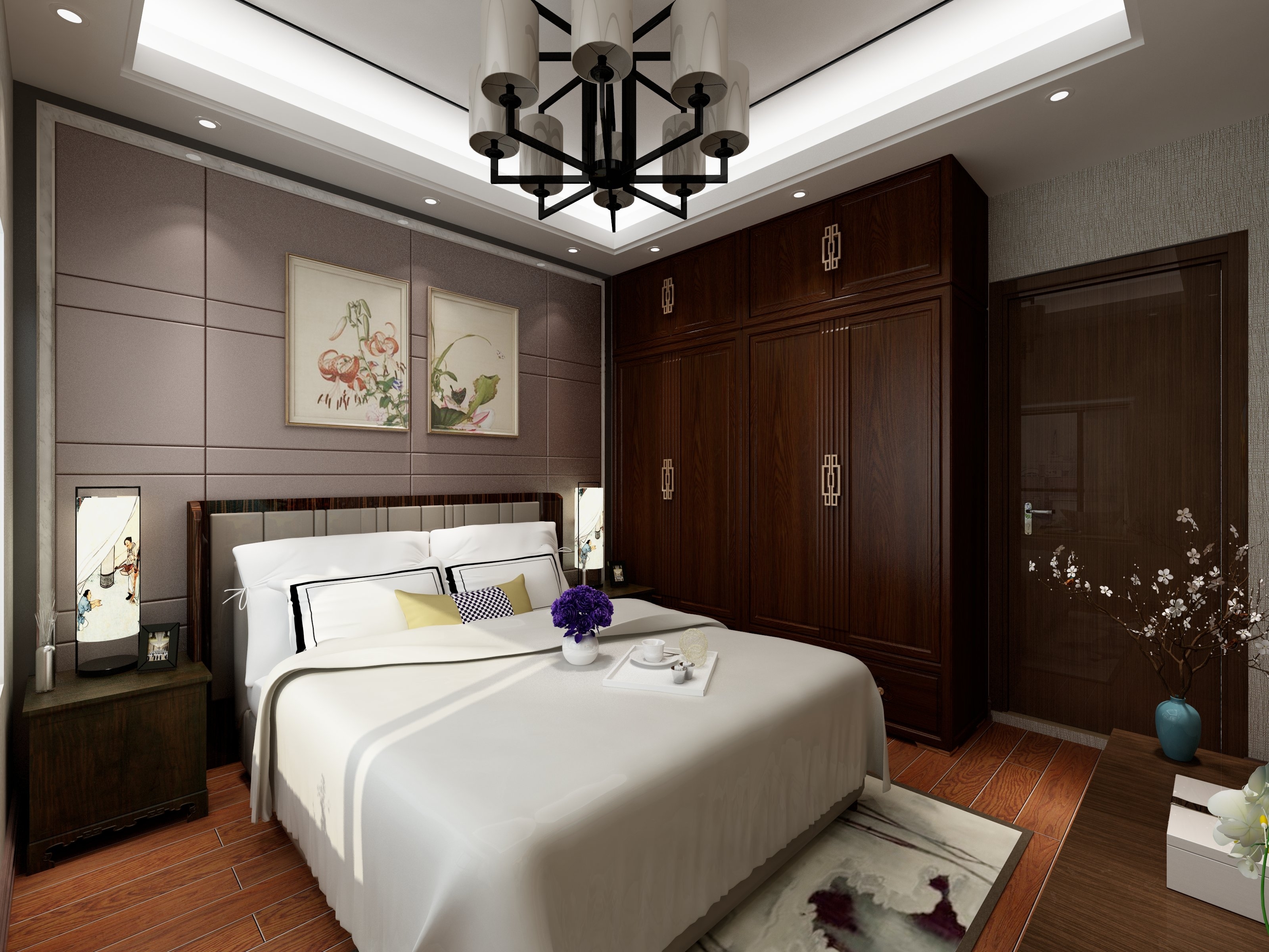 中式风格,90平米装修,三居室装修,20万以上装修,卧室,衣柜,褐色