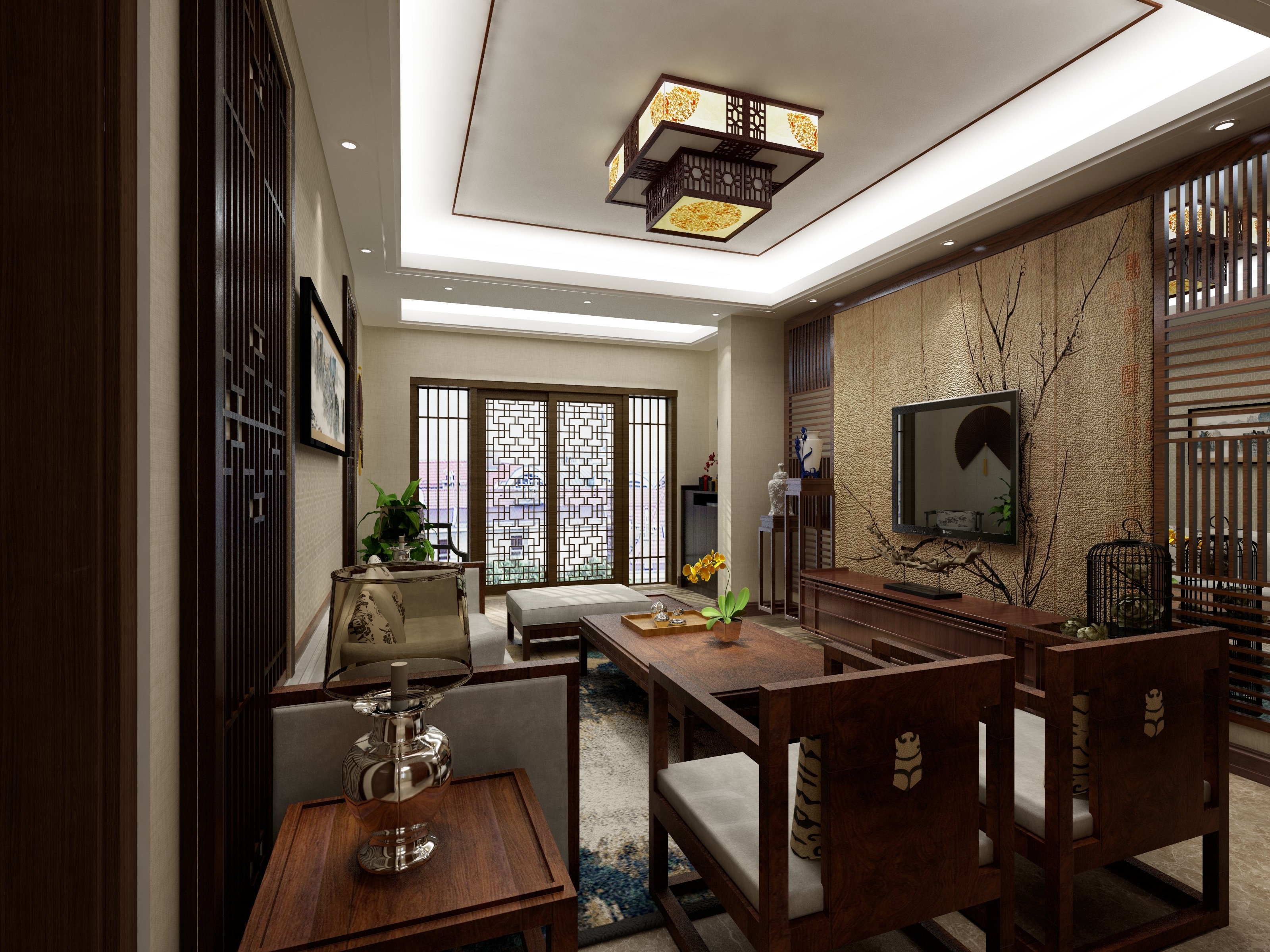 中式风格,90平米装修,三居室装修,20万以上装修,客厅,沙发,电视背景墙,沙发背景墙