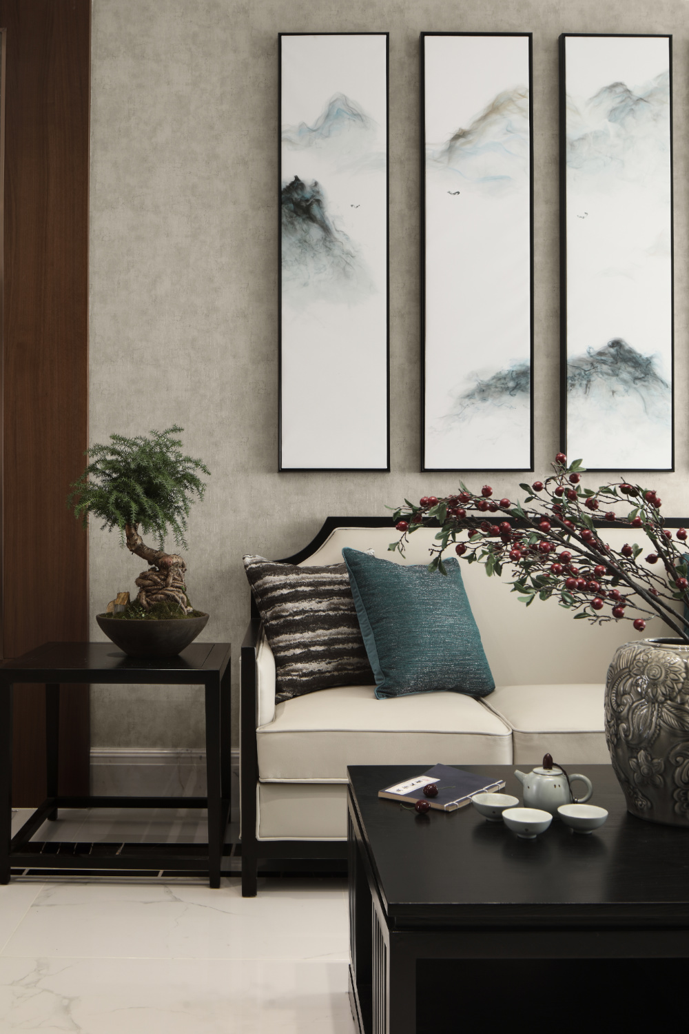 中式风格,20万以上装修,140平米以上装修,大户型,客厅,黑白,沙发,室内植物
