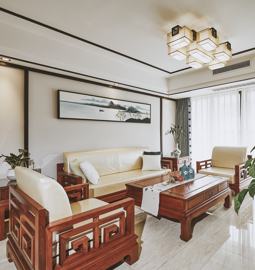 中式风格,三居室装修,20万以上装修,130平米装修,客厅,沙发背景墙,白色