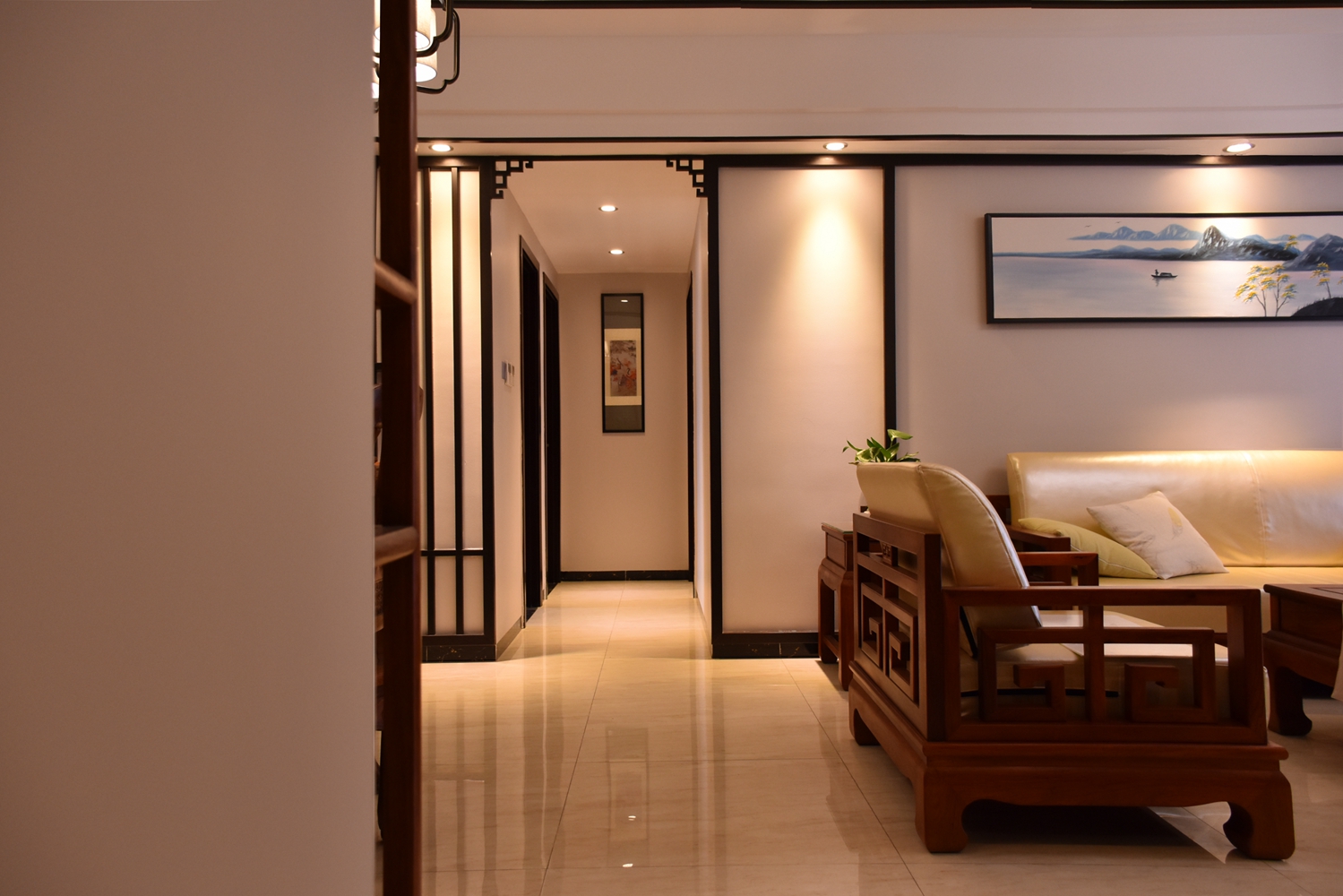 中式风格,三居室装修,20万以上装修,130平米装修,客厅过道,客厅,白色