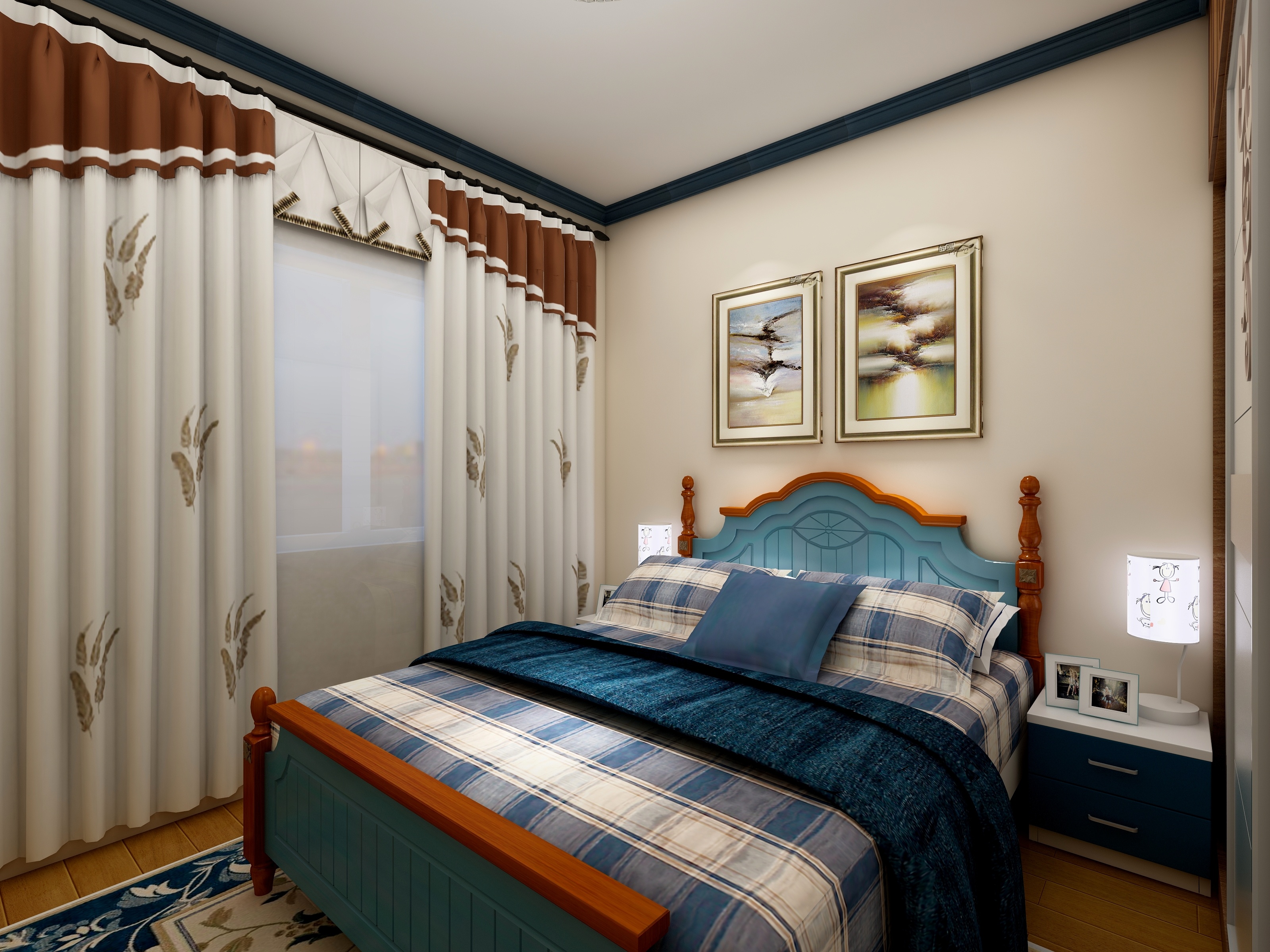 地中海风格,10-15万装修,三居室装修,110平米装修,卧室,床头柜,床,蓝色,床上用品
