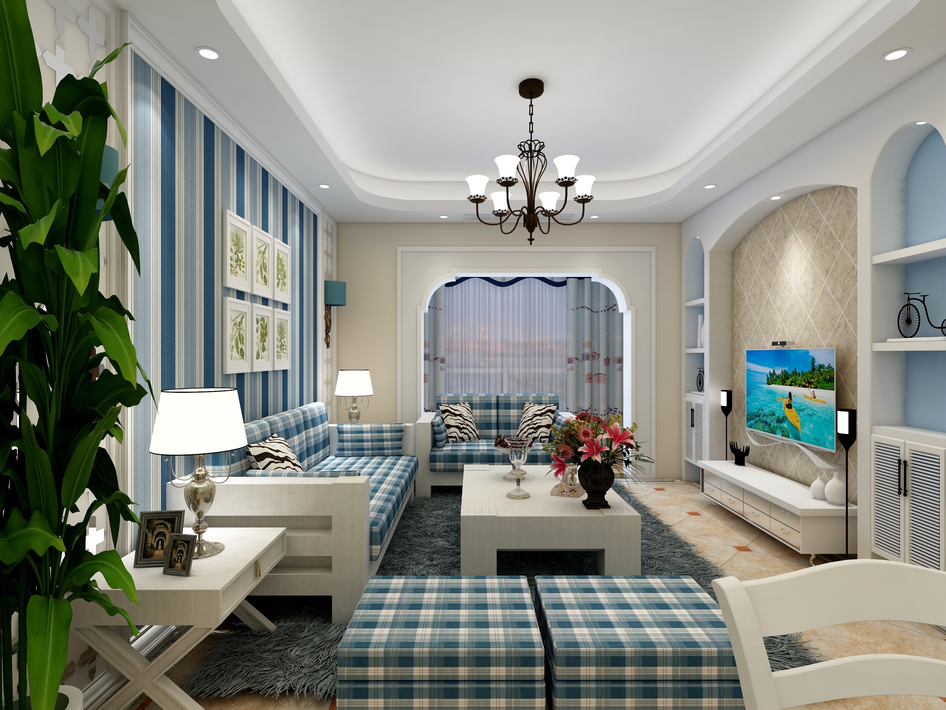 地中海风格,10-15万装修,三居室装修,110平米装修,客厅,蓝色,沙发