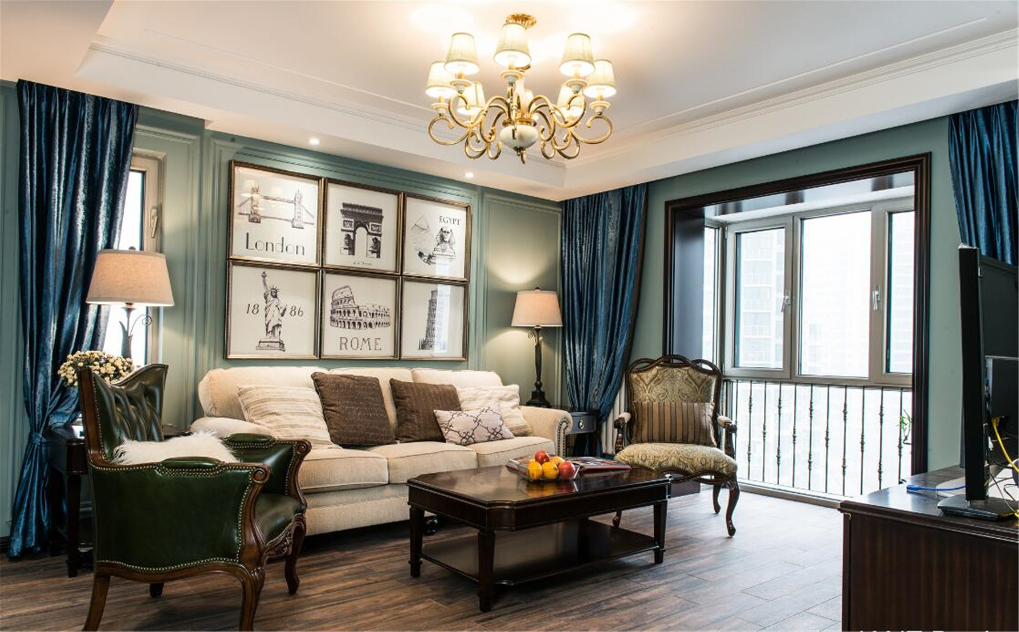 美式风格,二居室装修,110平米装修,20万以上装修,客厅,蓝色,沙发背景墙,窗帘