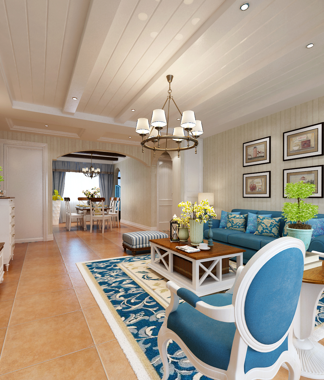 地中海风格,三居室装修,15-20万装修,140平米以上装修,客厅,沙发,地毯,蓝色