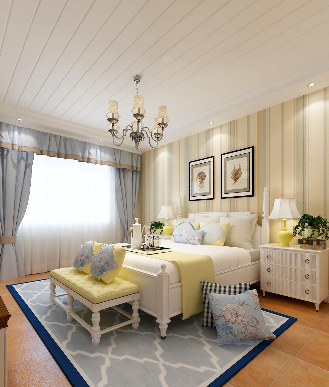 地中海风格,三居室装修,15-20万装修,140平米以上装修,卧室,暖色调,窗帘,地毯