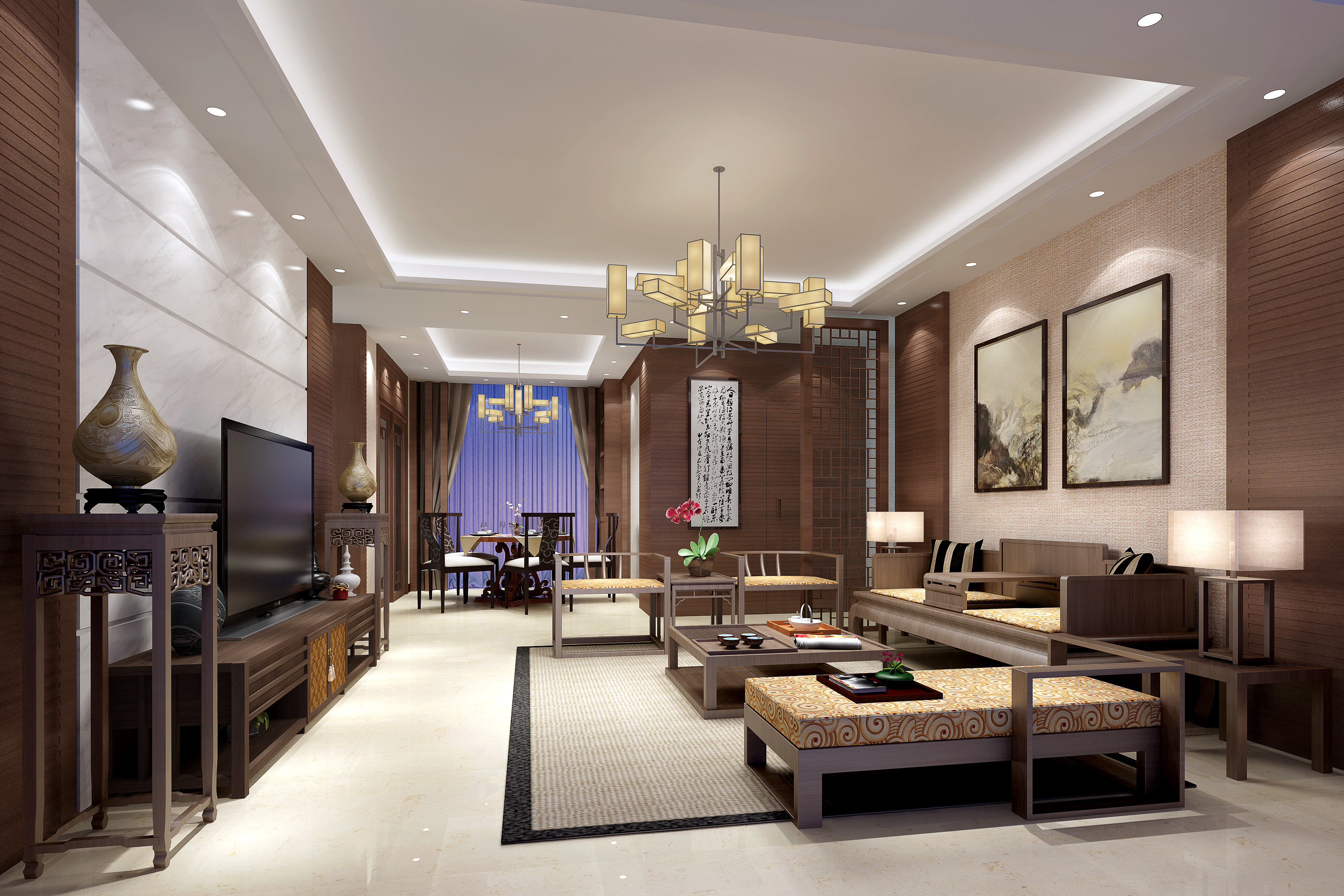中式风格,四房装修,140平米以上装修,20万以上装修,客厅,电视柜,茶几,咖啡色