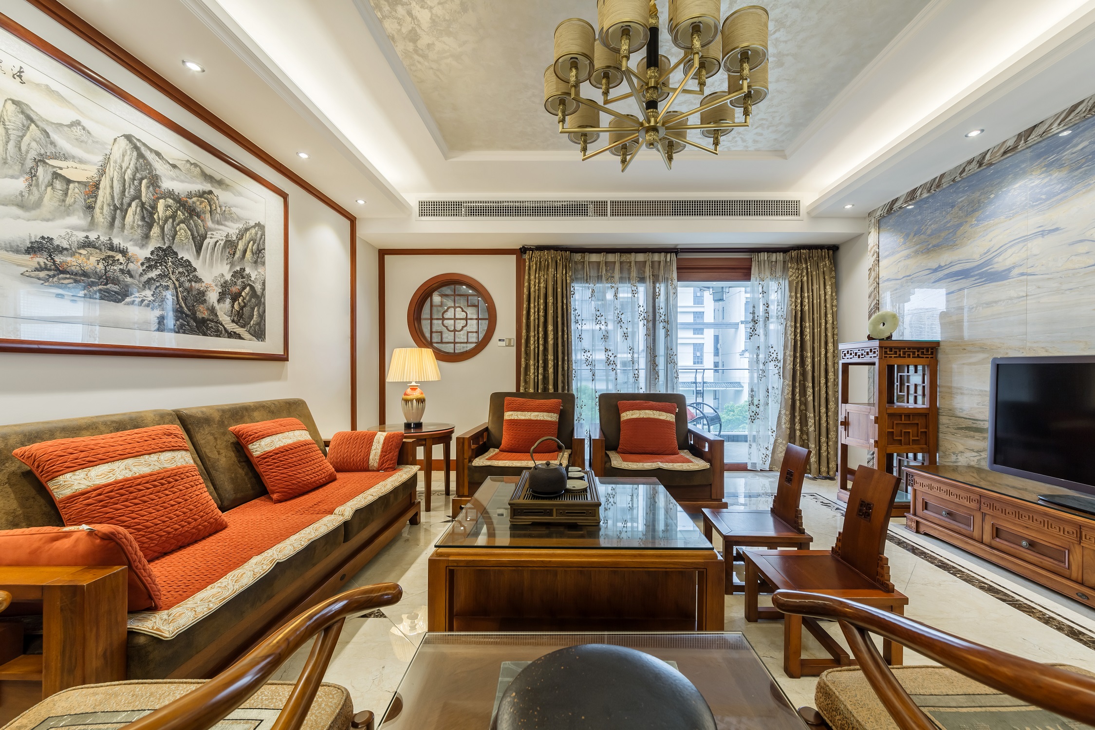 中式风格,20万以上装修,140平米以上装修,大户型,客厅,茶几,沙发,咖啡色