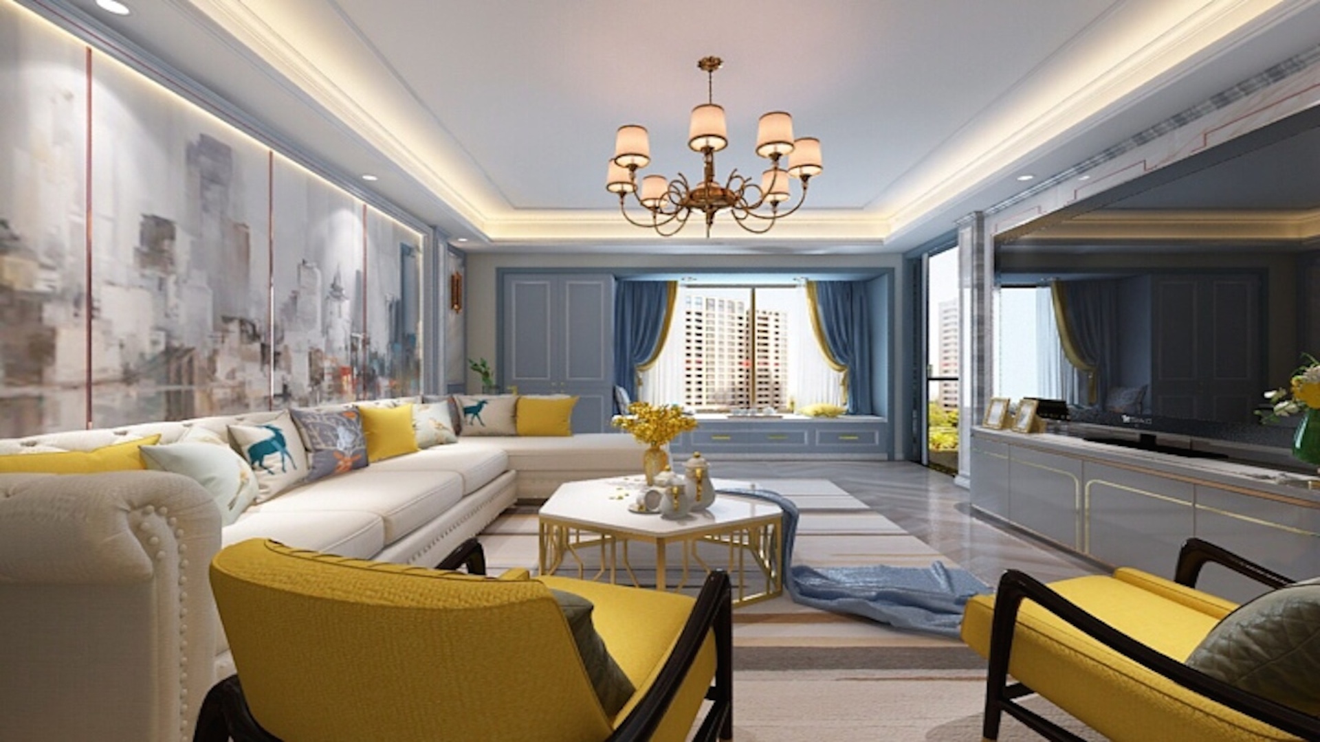 20万以上装修,美式风格,三居室装修,140平米以上装修,客厅,沙发,蓝色