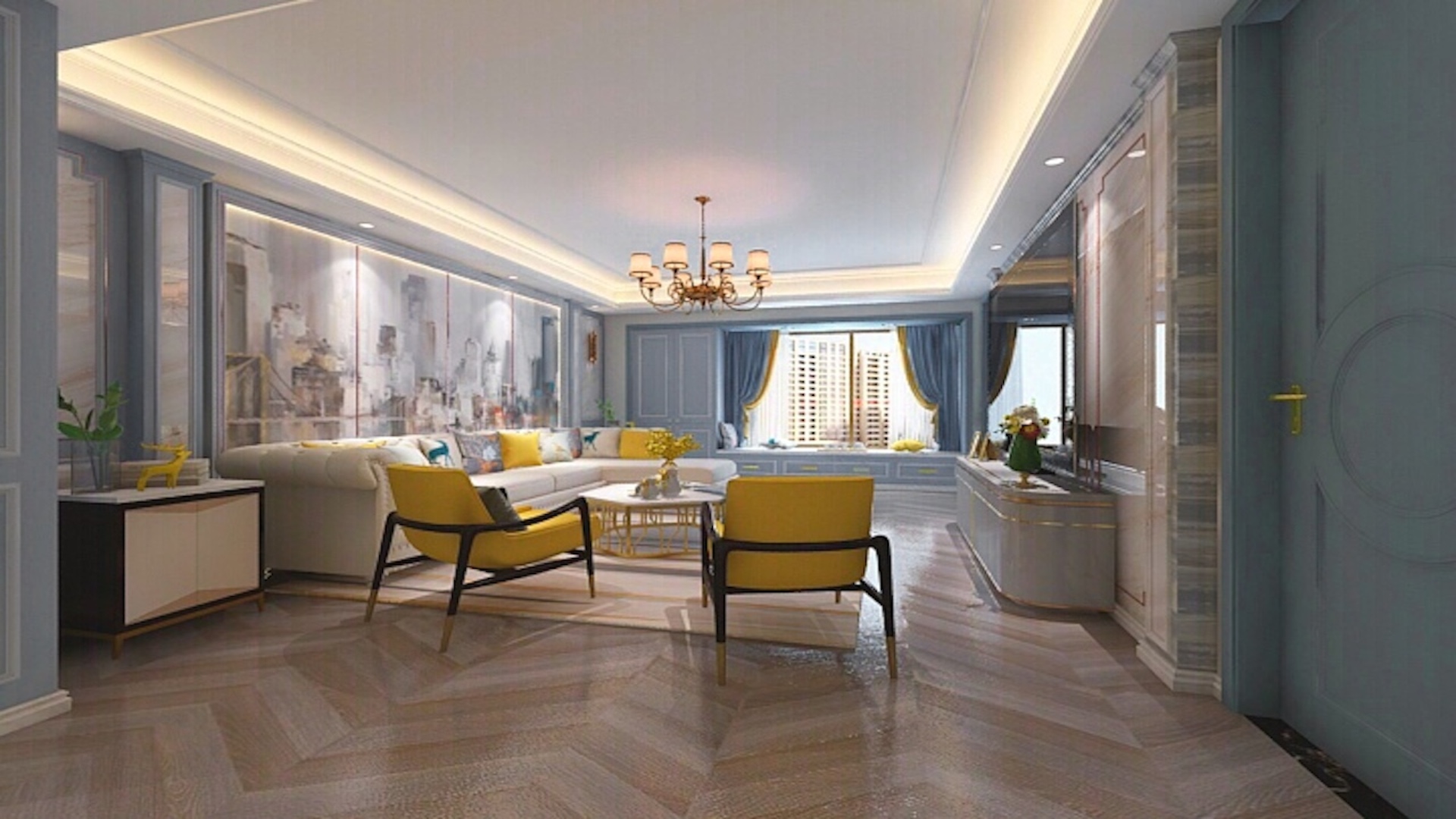 20万以上装修,美式风格,三居室装修,140平米以上装修,客厅,蓝色,窗帘