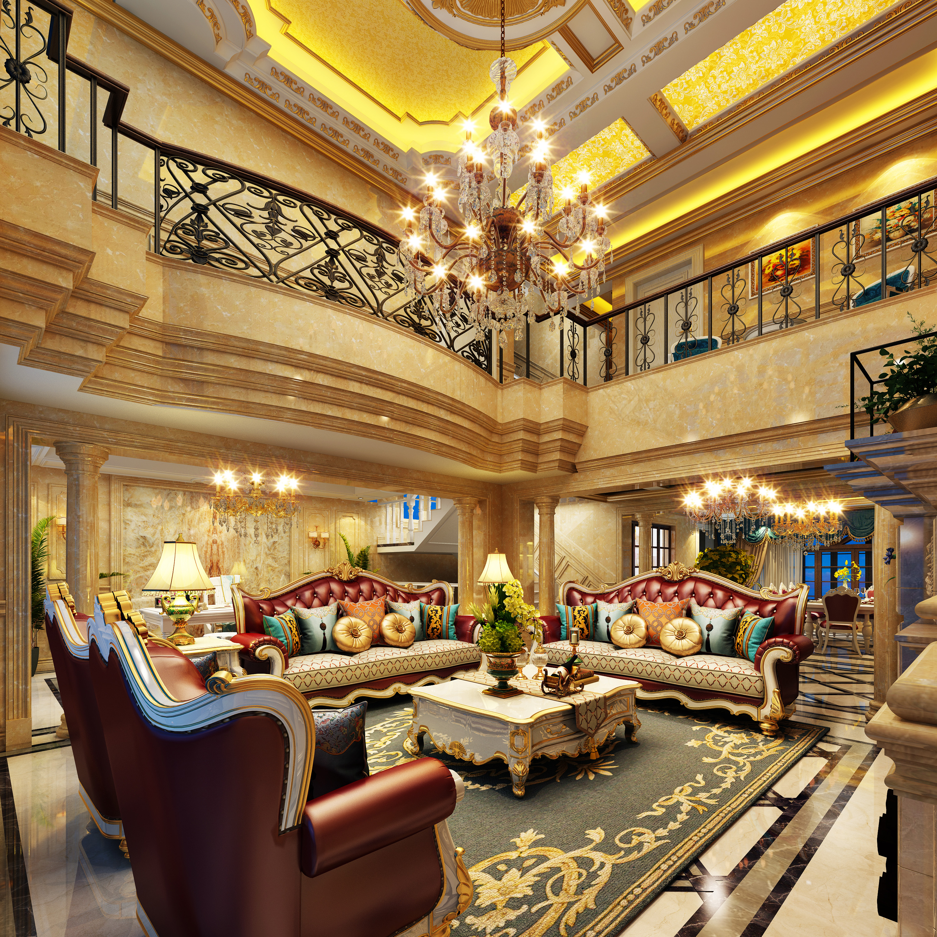 别墅装修,豪华型装修,140平米以上装修,客厅,欧式风格,金色,吊顶