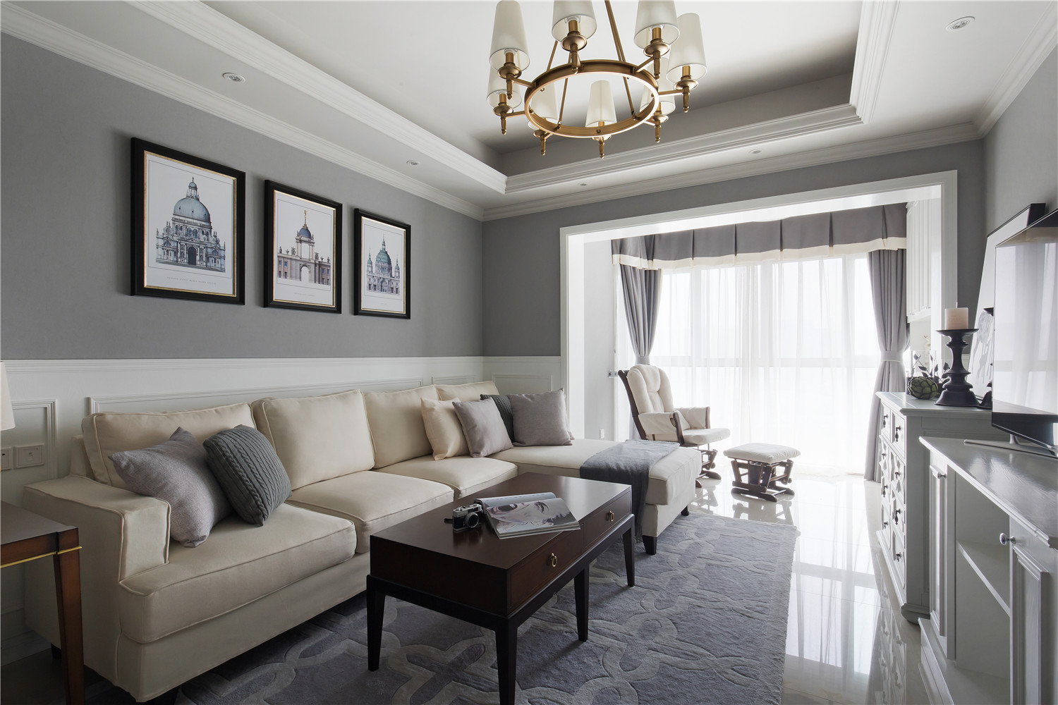 二居室装修,90平米装修,10-15万装修,客厅,美式风格,沙发背景墙,灰色