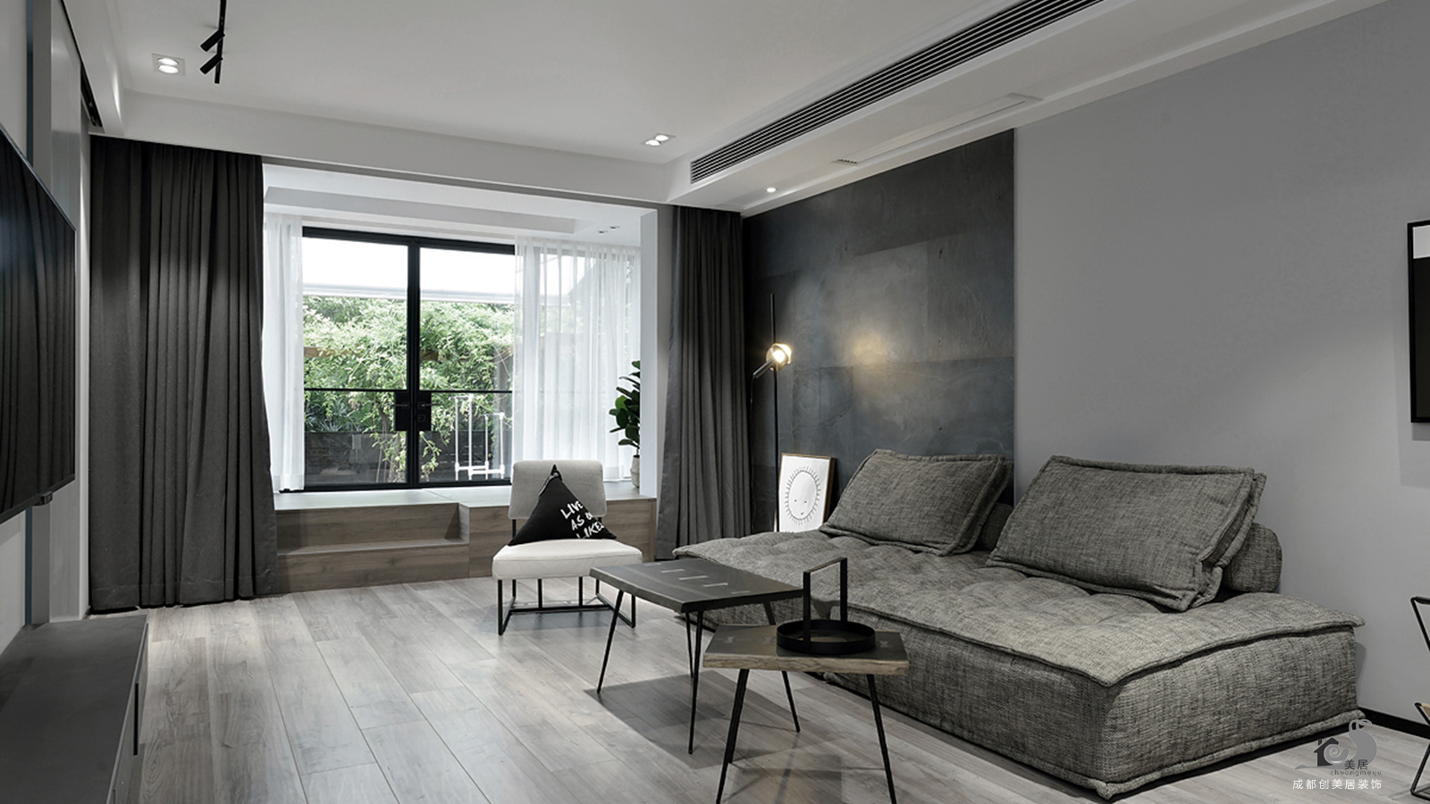 100平米装修,二居室装修,10-15万装修,现代简约风格,沙发,沙发背景墙,窗帘,黑白,灰色