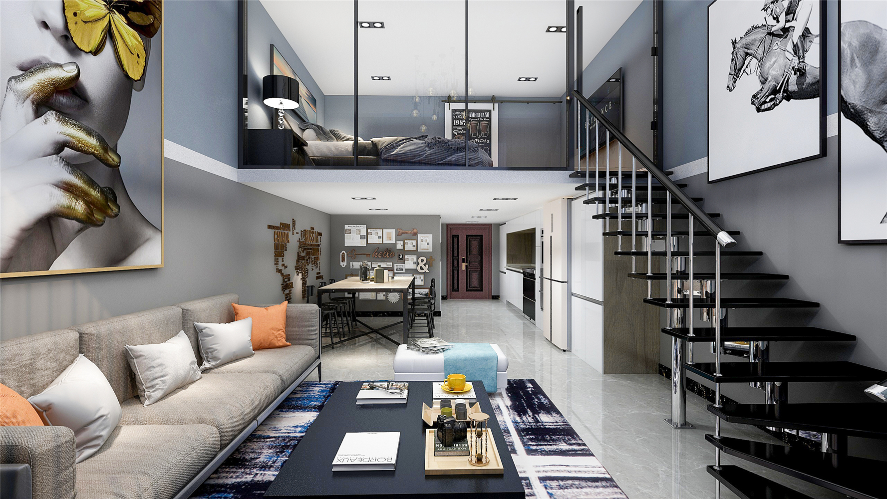 混搭风格,loft风格,10-15万装修,一居室装修,沙发,楼梯,黑白,灰色