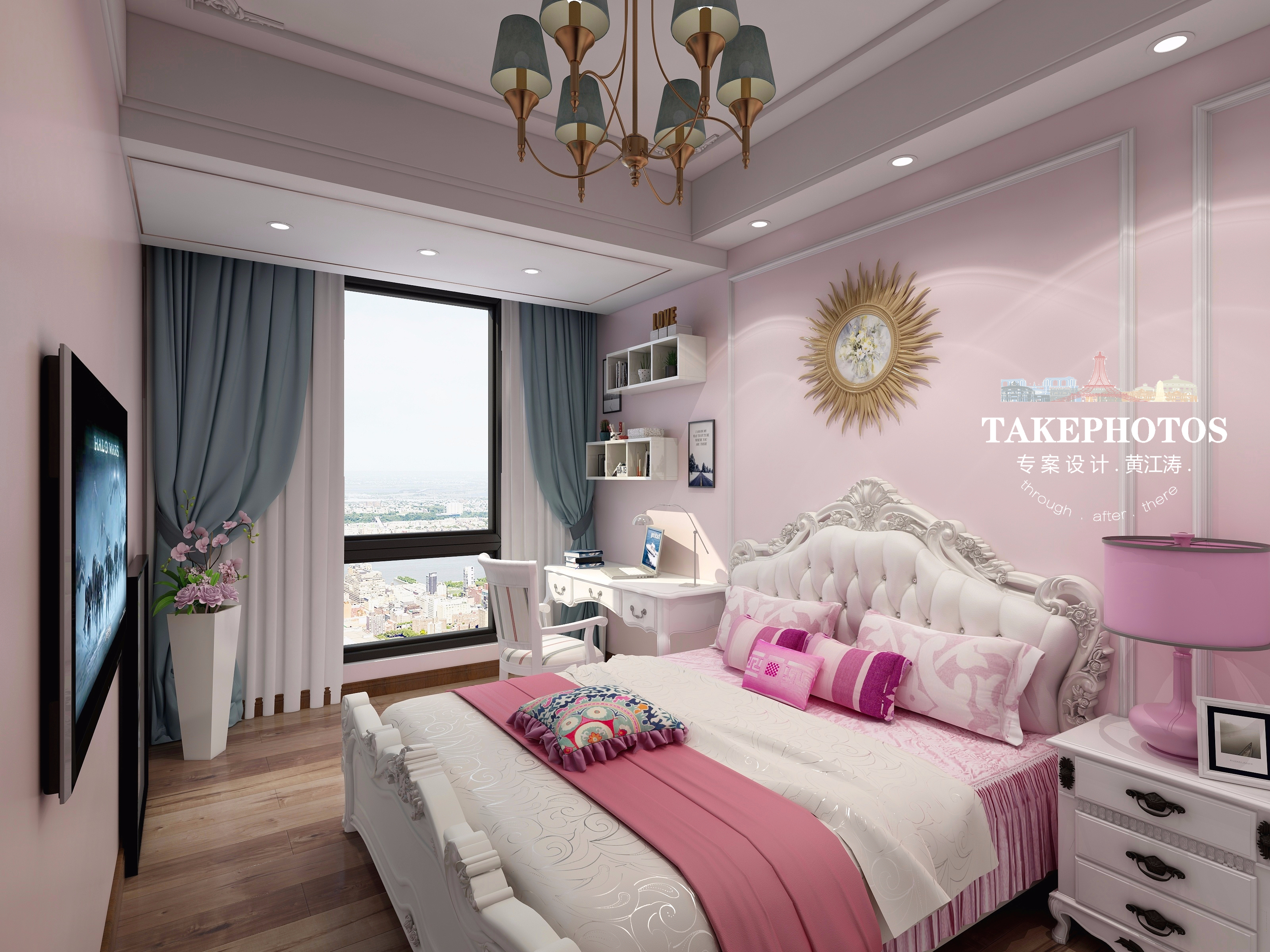 三居室装修,20万以上装修,110平米装修,中式风格,粉色,卧室背景墙