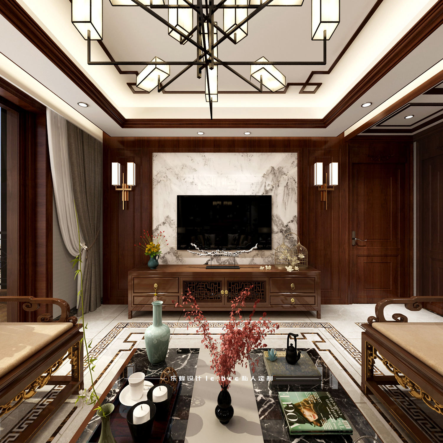 中式风格,四房装修,大户型,20万以上装修,客厅,电视柜