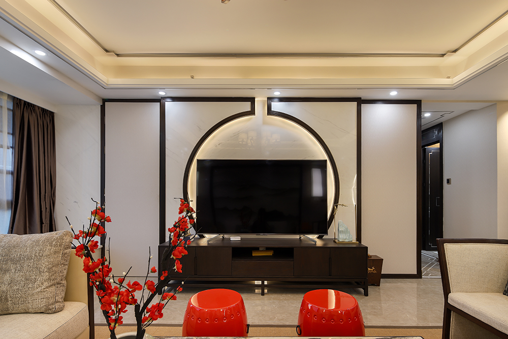 新中式风格电视背景墙三居室效果图 台式简约风别墅客厅装修效果图