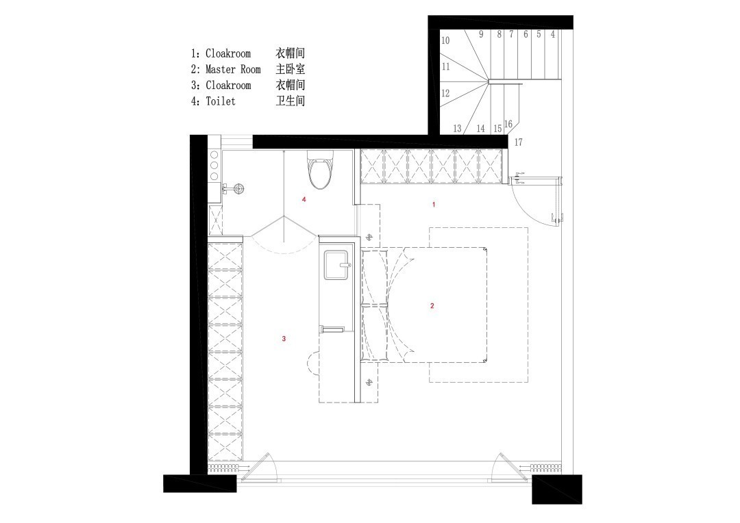 二楼户型图 卧室及卫生间衣帽间在窗边设置休闲椅，充分地利用光照，读一