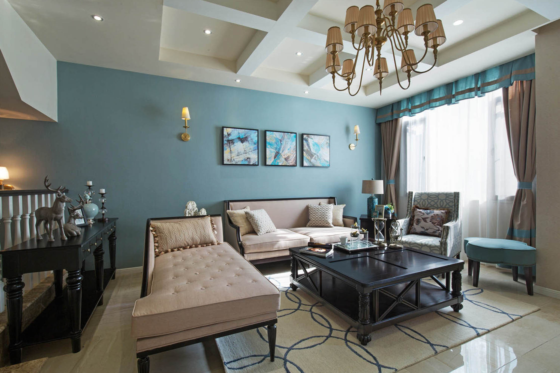 美式风格,三居室装修,20万以上装修,140平米以上装修,复式装修,客厅,装饰画,沙发背景墙,蓝色