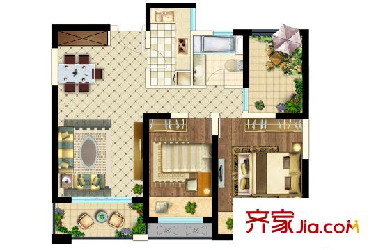 绿地icity89平方米2+1房B-2户型 3室2厅1卫1厨