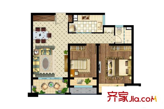 绿地icity82平方米C-2户型 2室2厅1卫1厨