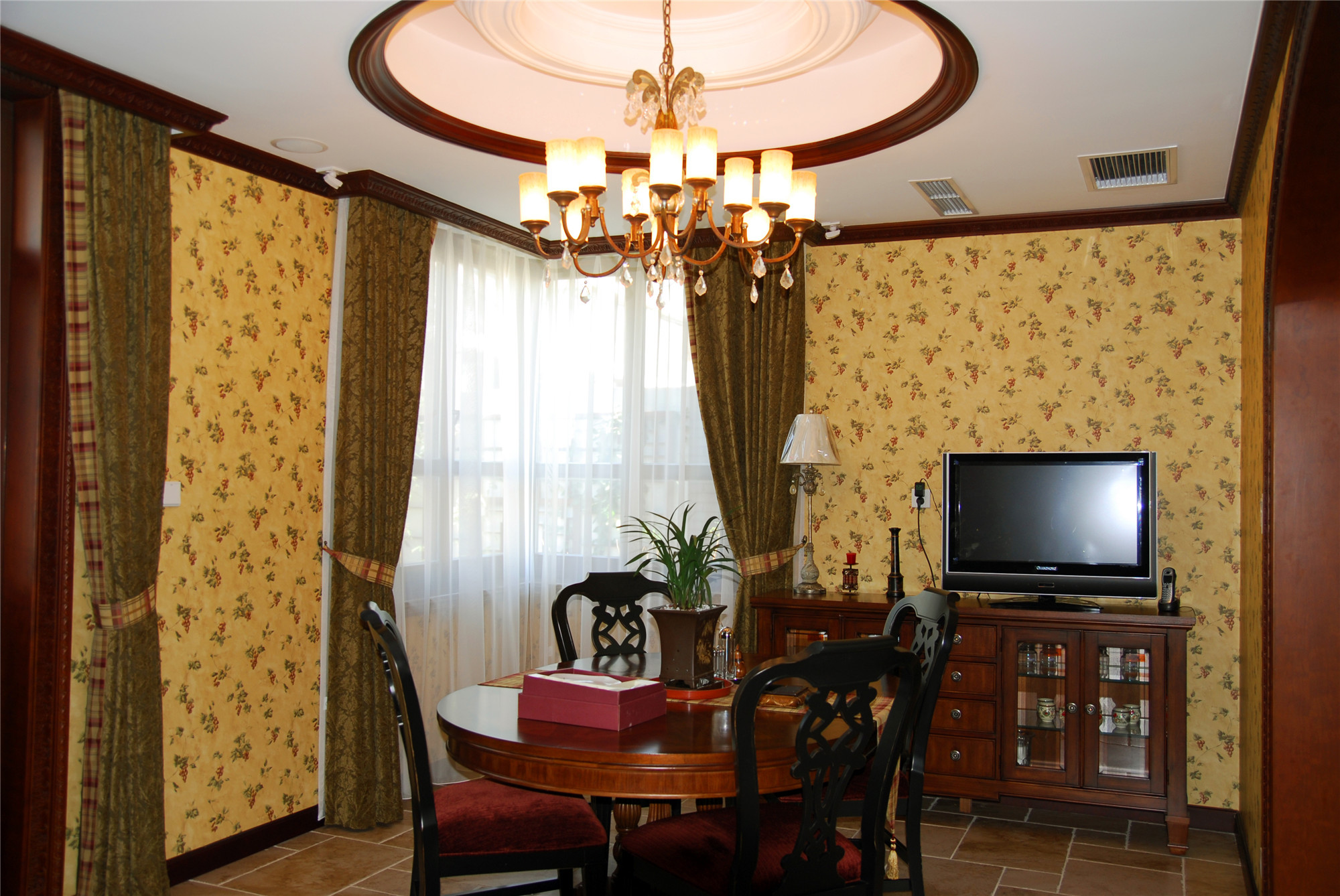 别墅装修,140平米以上装修,富裕型装修,餐厅,混搭风格,背景墙,黄色,电视柜