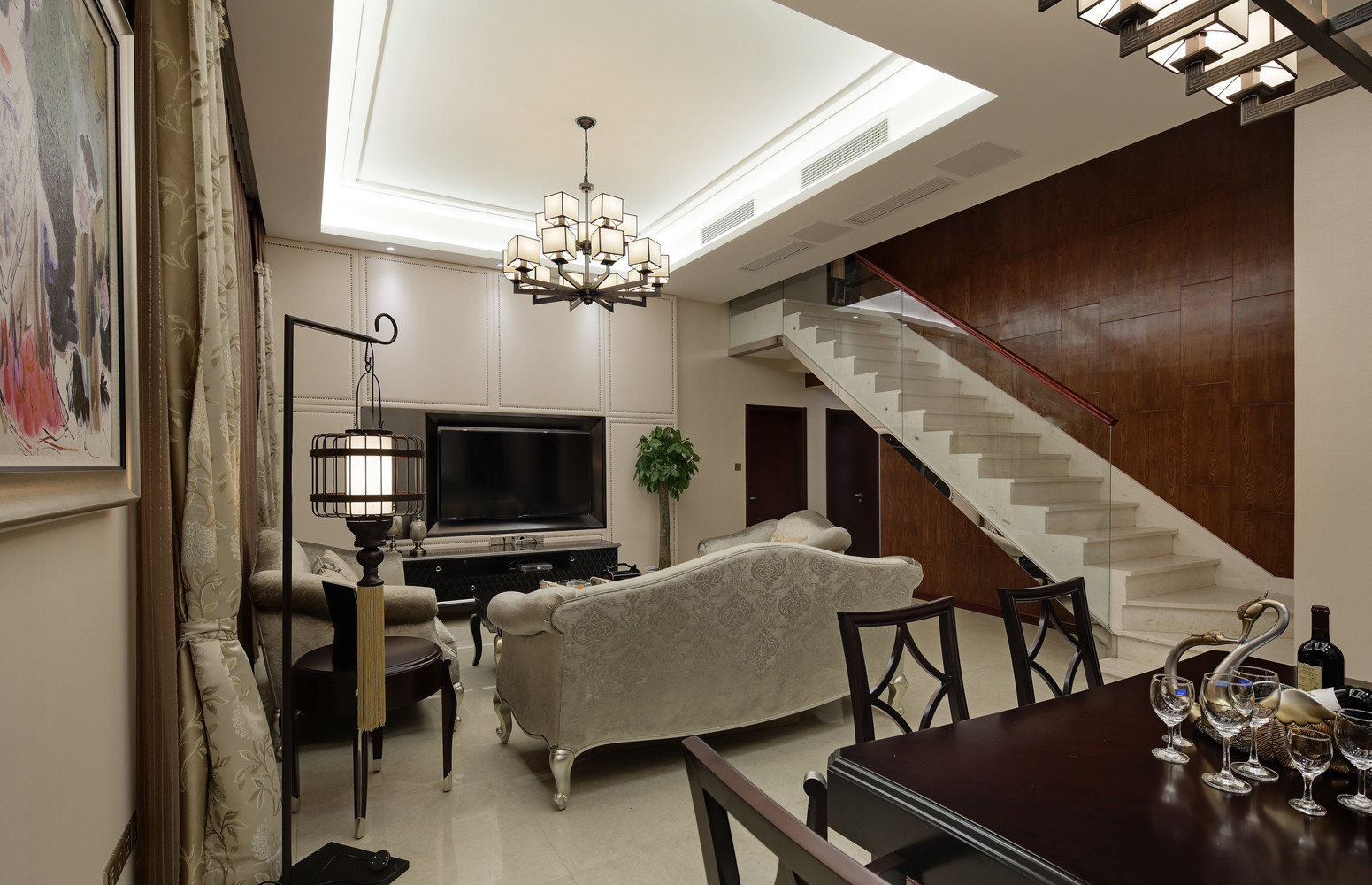中式风格,140平米以上装修,20万以上装修,复式装修,客厅,电视背景墙,米色