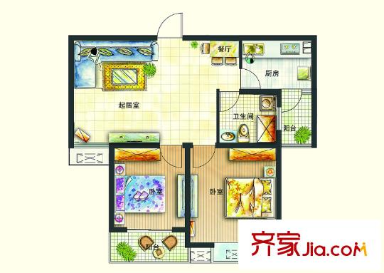 恒邦幸福里户型图B4户型 2室1厅1卫1厨
