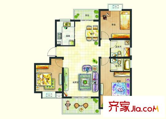 恒邦幸福里户型图B1户型 3室2厅2卫1厨